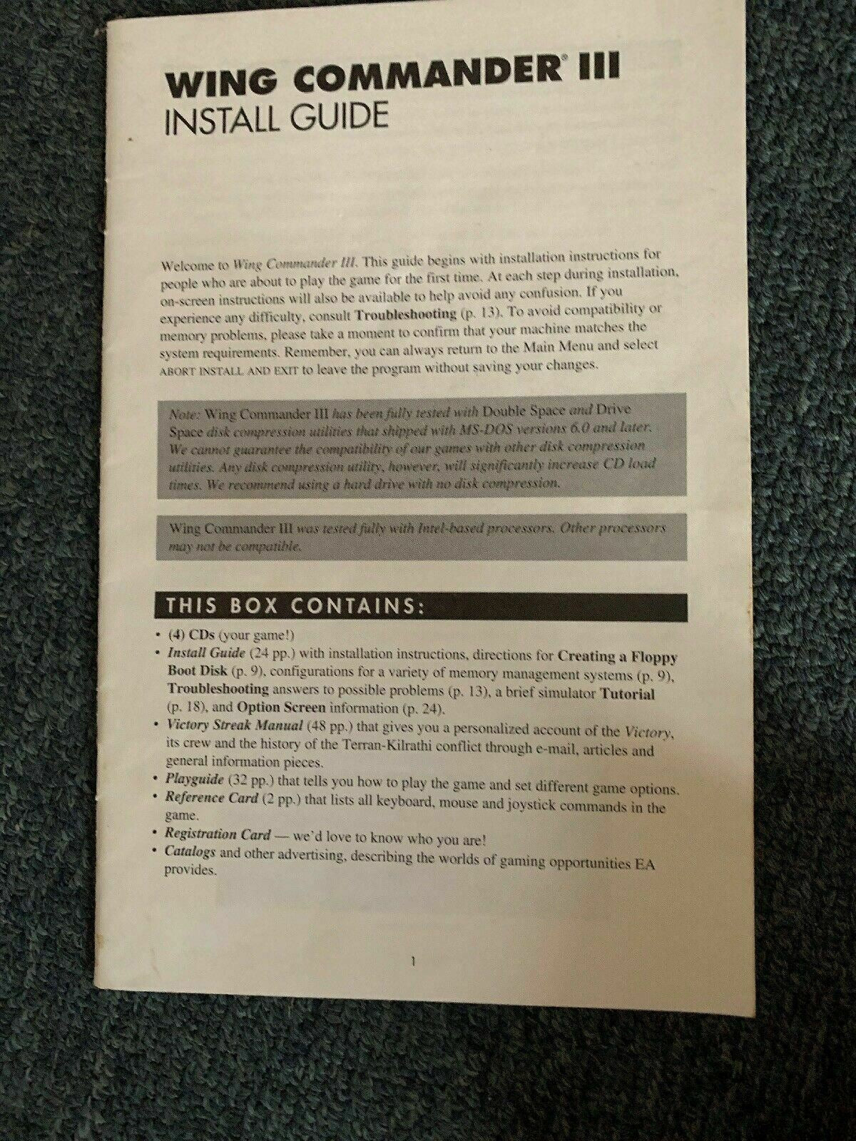 Wing Commander III 3 Heart Of The Tiger PC CDROM (1994) Box Manual Install Guide
