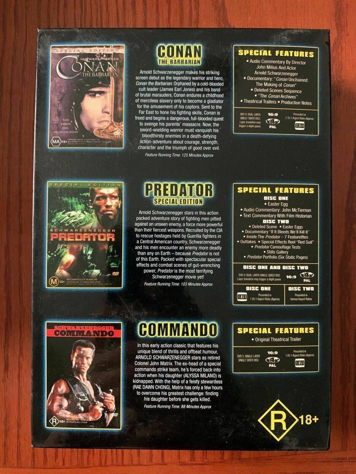 Arnold Schwarzenegger Collection (DVD, 3-Disc Set) Conan, Predator, Commando