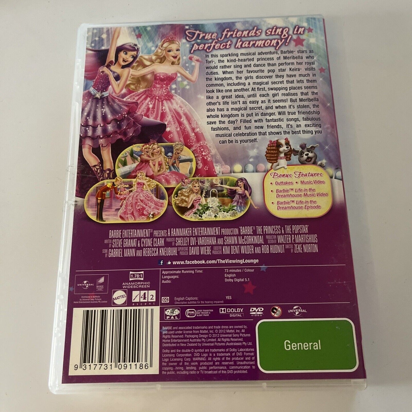Barbie - The Princess & The Popstar (DVD, 2012)  Region 4 &2