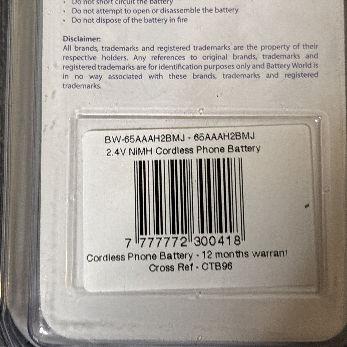 Battery World CTB96 - 2.4V NIMH CORDLESS PHONE BATTERY *New Sealed*