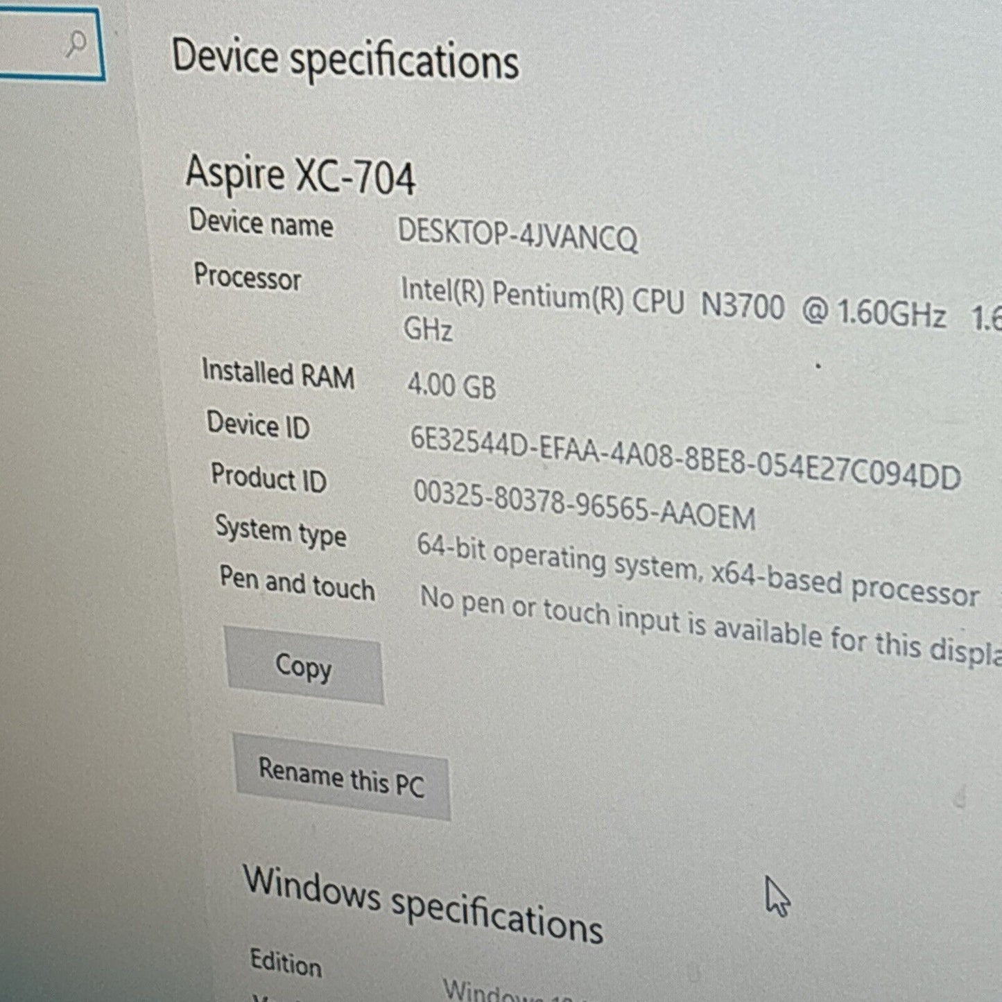 Acer Aspire XC-704 Desktop Intel N3700 4gb RAM 500gb HDD