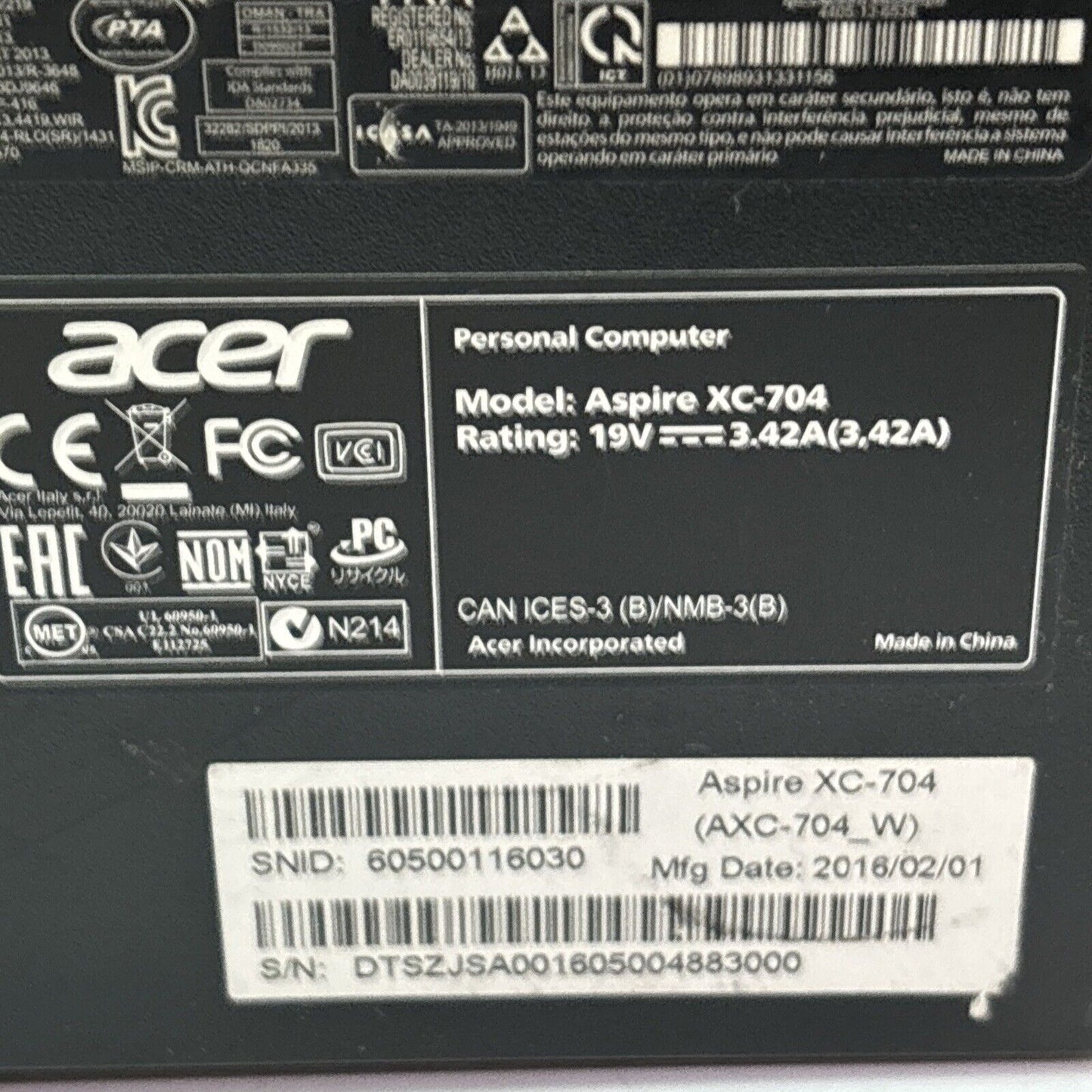 Acer Aspire XC-704 Desktop Intel N3700 4gb RAM 500gb HDD