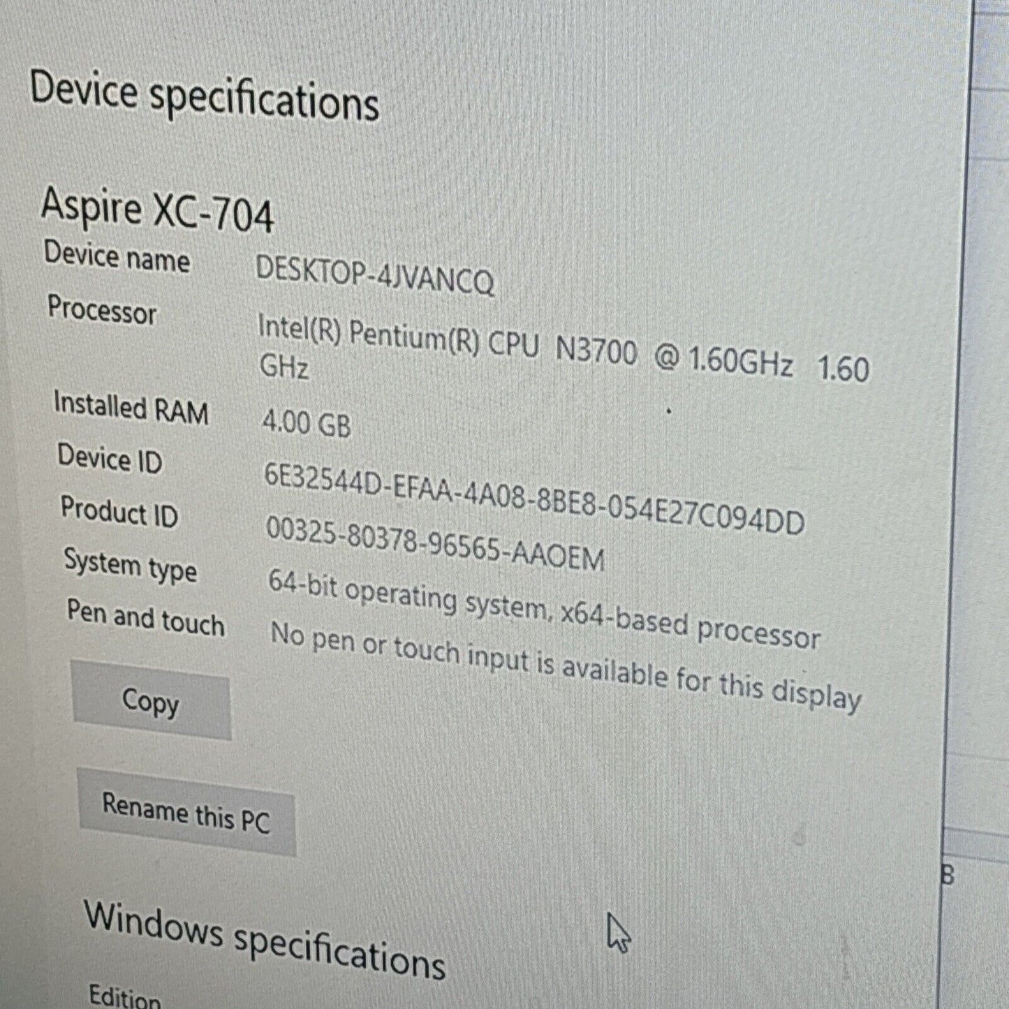 Acer Aspire XC-704 Desktop Intel N3700 4gb RAM 500gb HDD