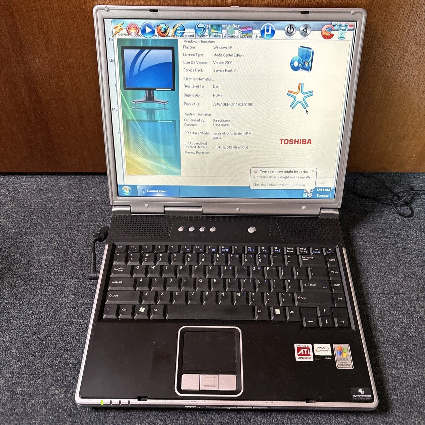 Asus A2500D 512mb RAM 60gb HDD Laptop DVD Drive *Requires Battery Replacement*