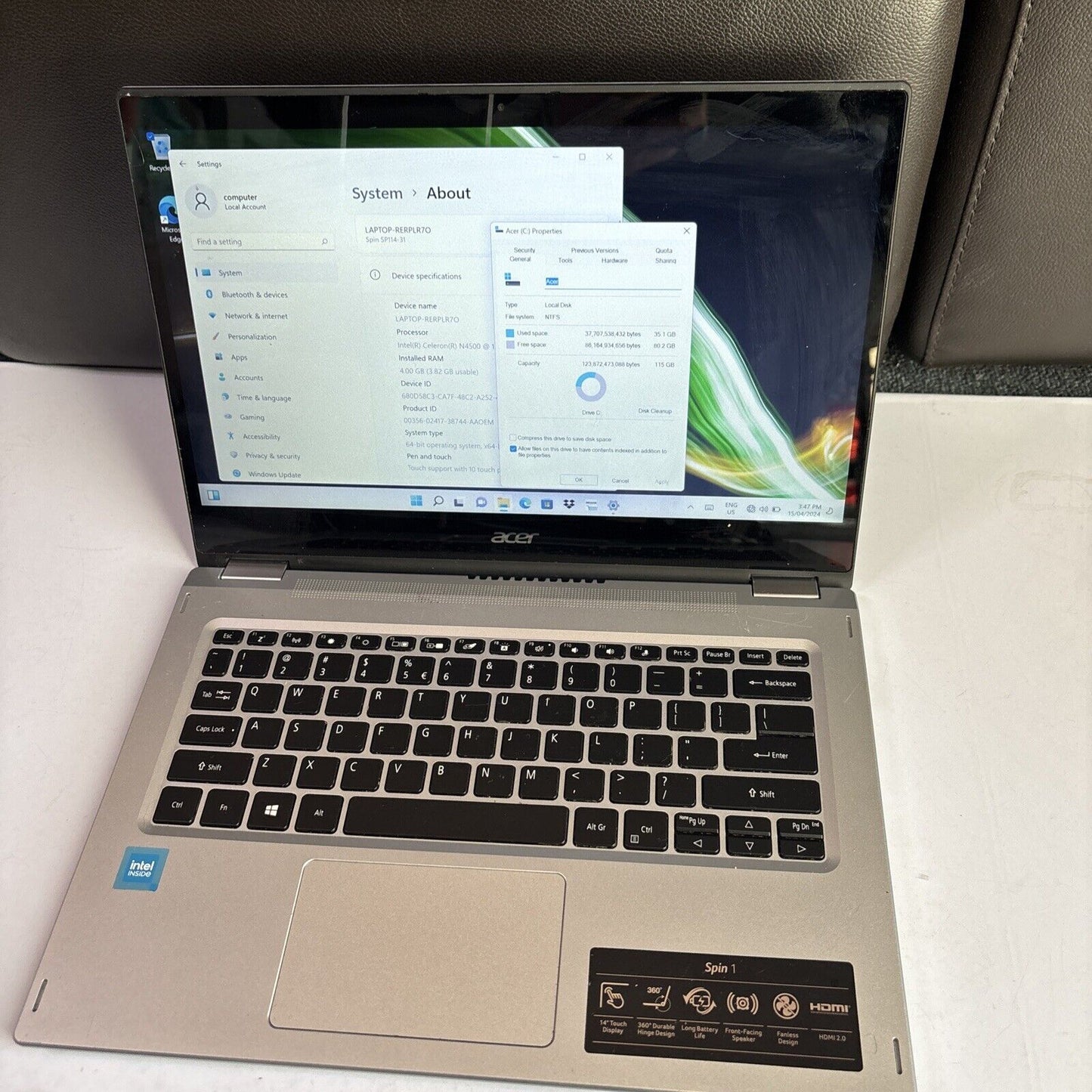 Acer Spin 1 2-in-1 Laptop SP114-31 Intel N4500 4gb RAM 128gb SSD Touchscreen