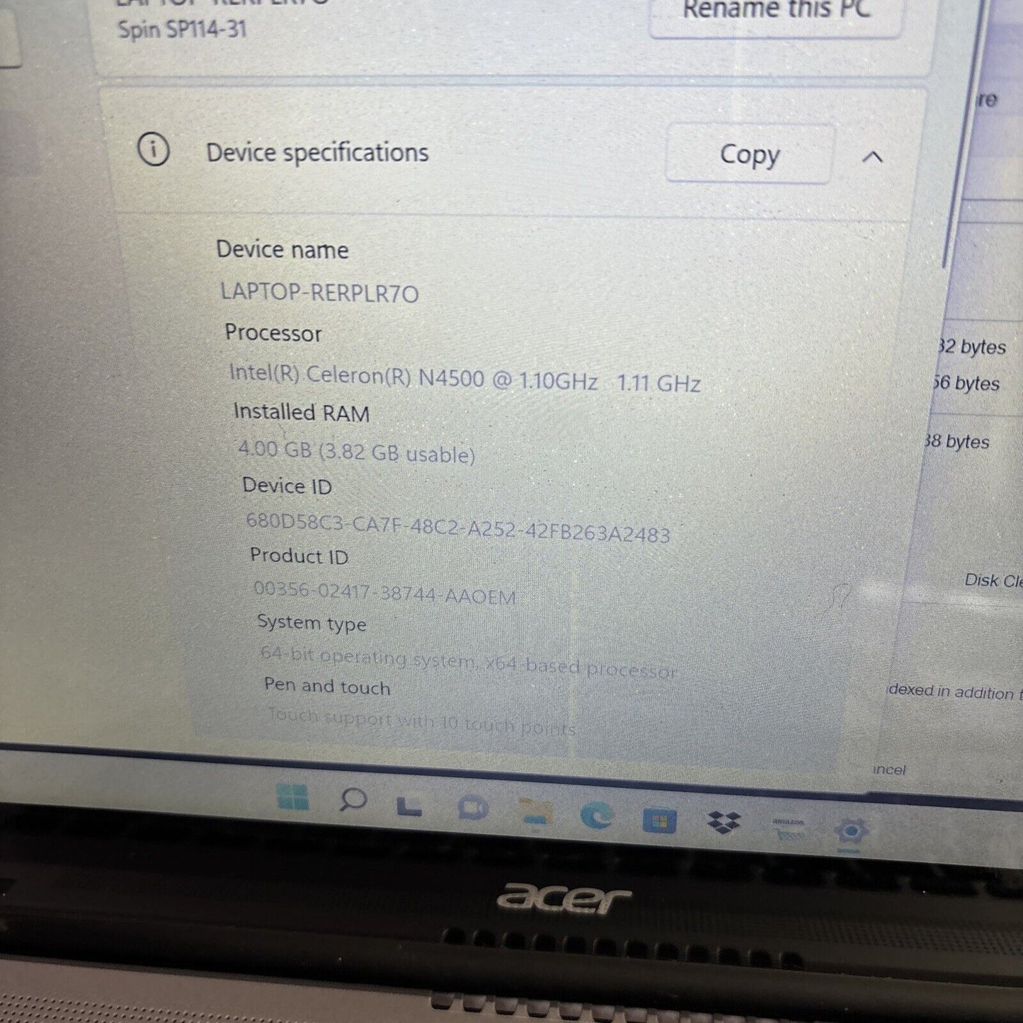 Acer Spin 1 2-in-1 Laptop SP114-31 Intel N4500 4gb RAM 128gb SSD Touchscreen