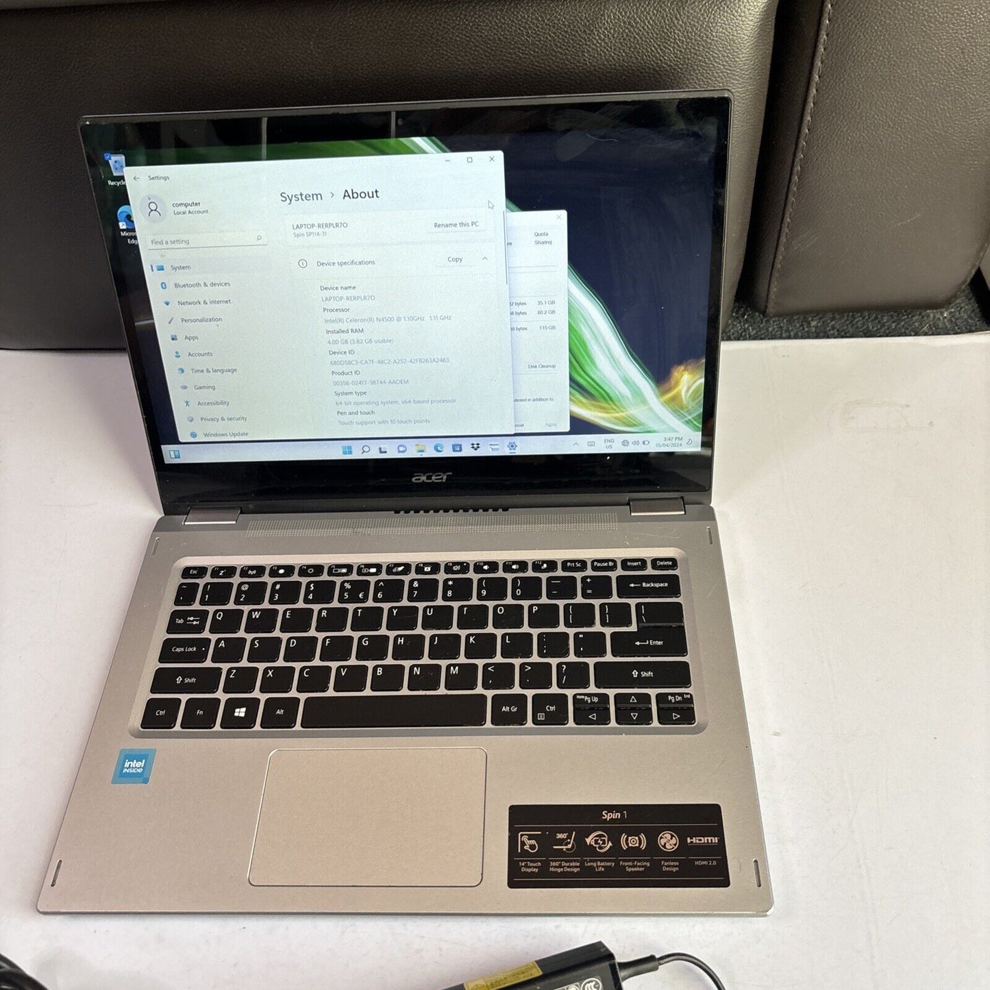 Acer Spin 1 2-in-1 Laptop SP114-31 Intel N4500 4gb RAM 128gb SSD Touchscreen