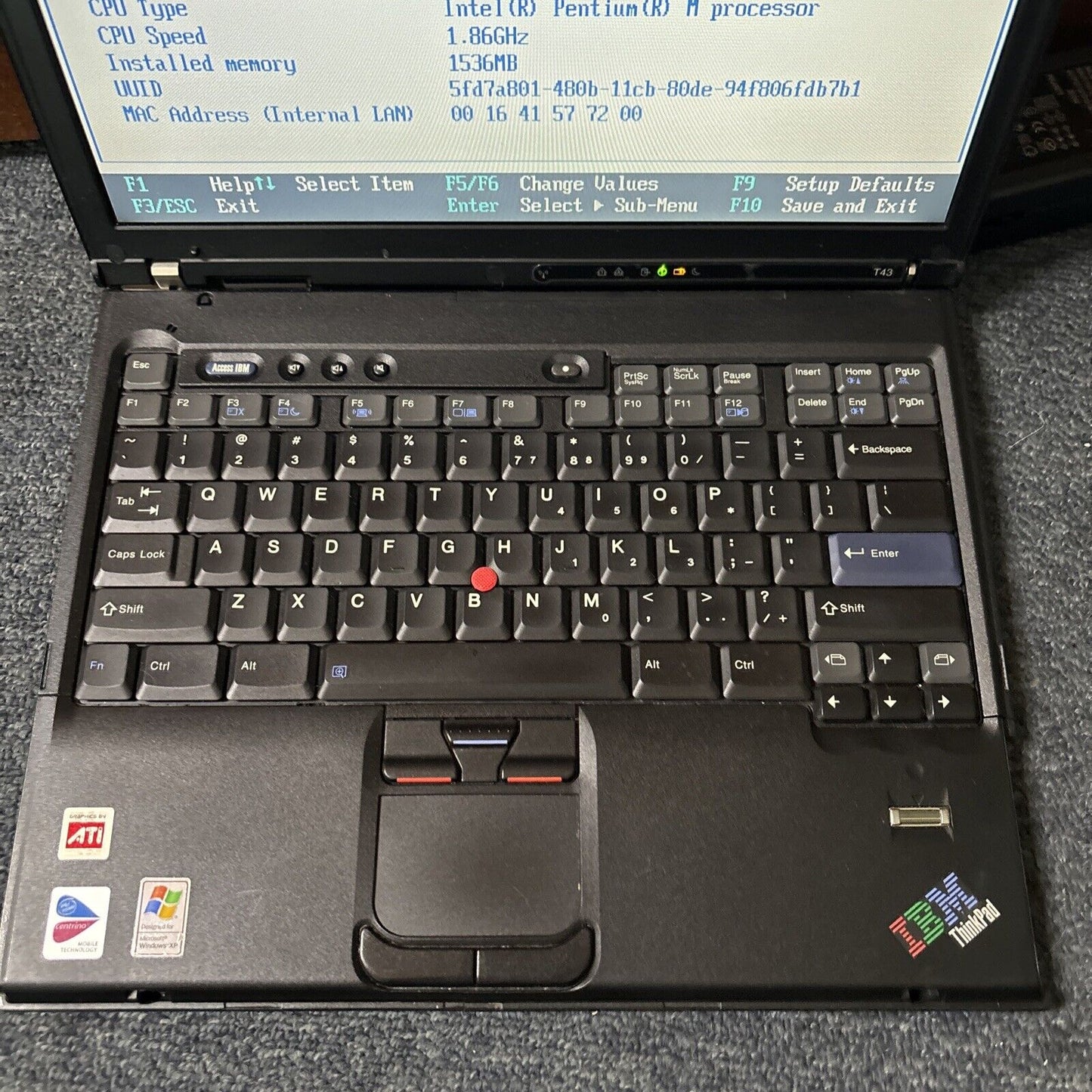 IBM ThinkPad T43 1.5gb RAM DVD Drive *No HDD & Requires New BIOS Battery*