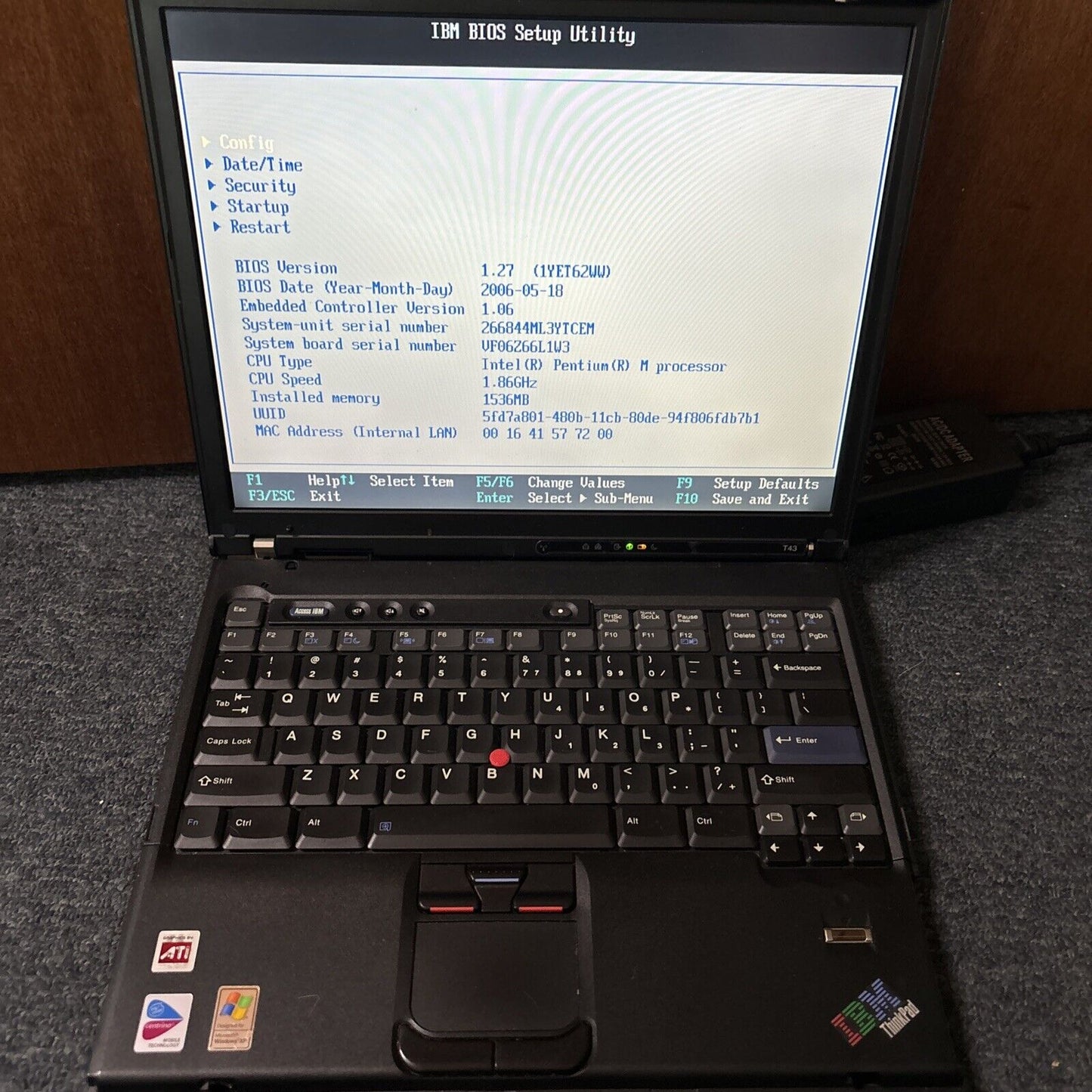 IBM ThinkPad T43 1.5gb RAM DVD Drive *No HDD & Requires New BIOS Battery*