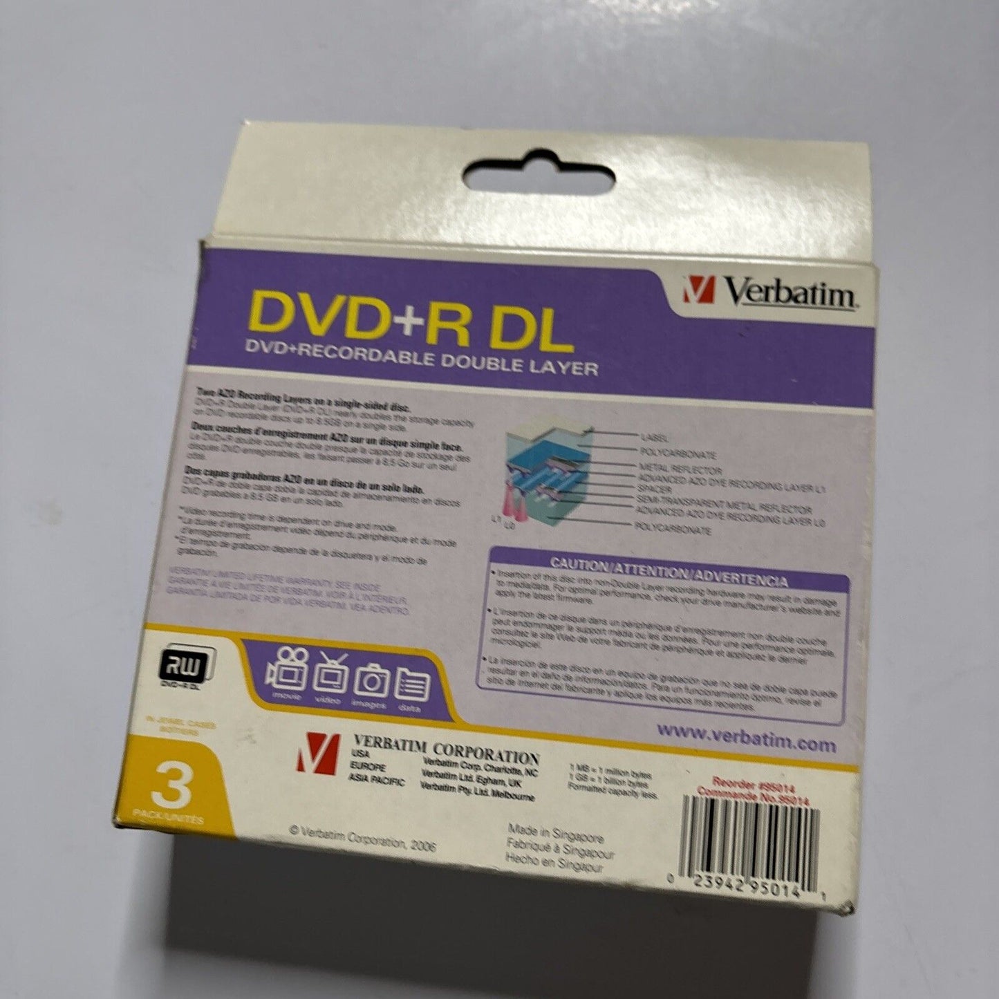Verbatim DVD+R Recordable 8.5GB  240Min 2.4x  Double Layer Recordable  Pack 3