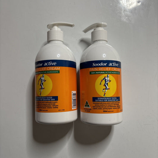 2x Soodox Active Pain Relief Cream - 100% Natural 500ml For Sensitive Skin.