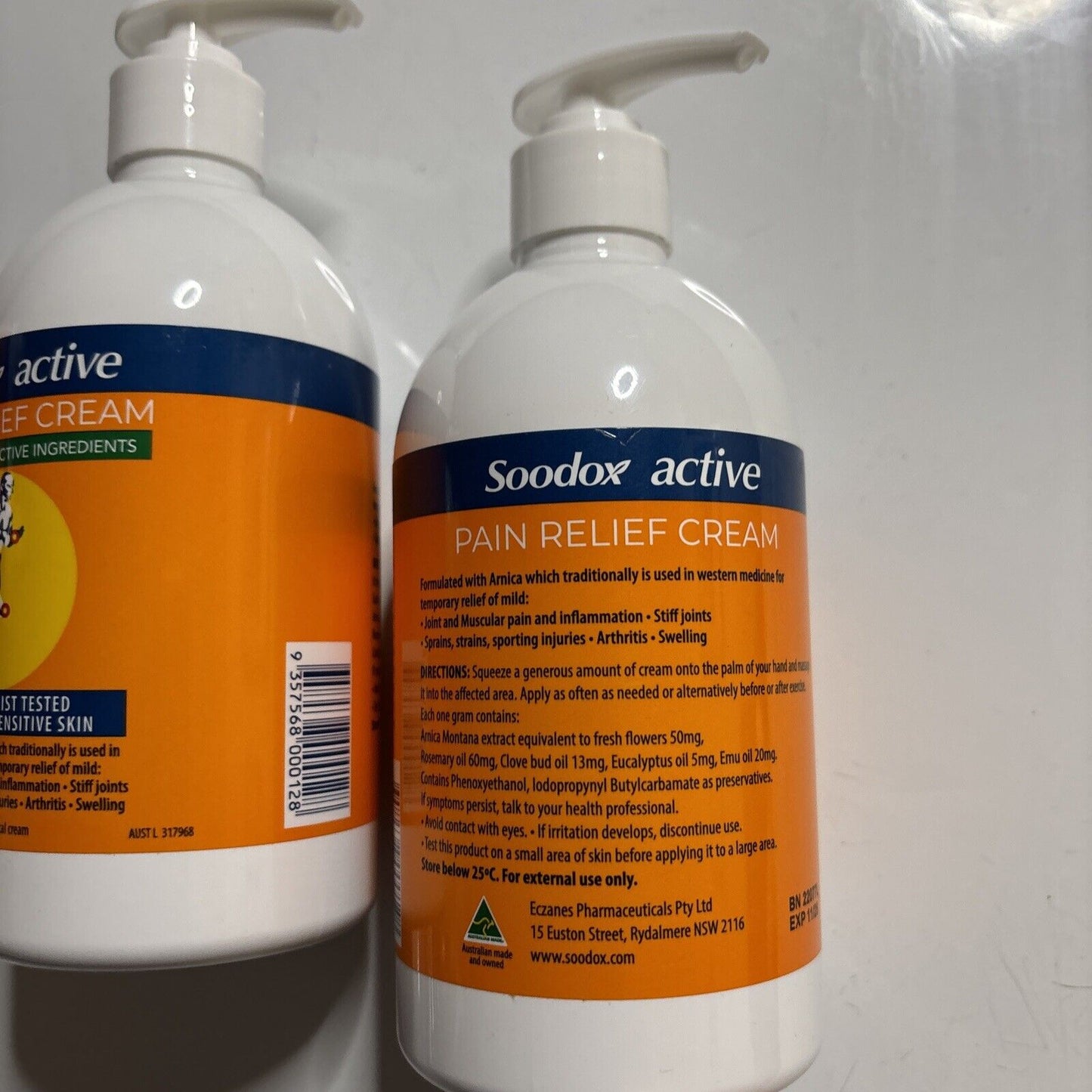 2x Soodox Active Pain Relief Cream - 100% Natural 500ml For Sensitive Skin.