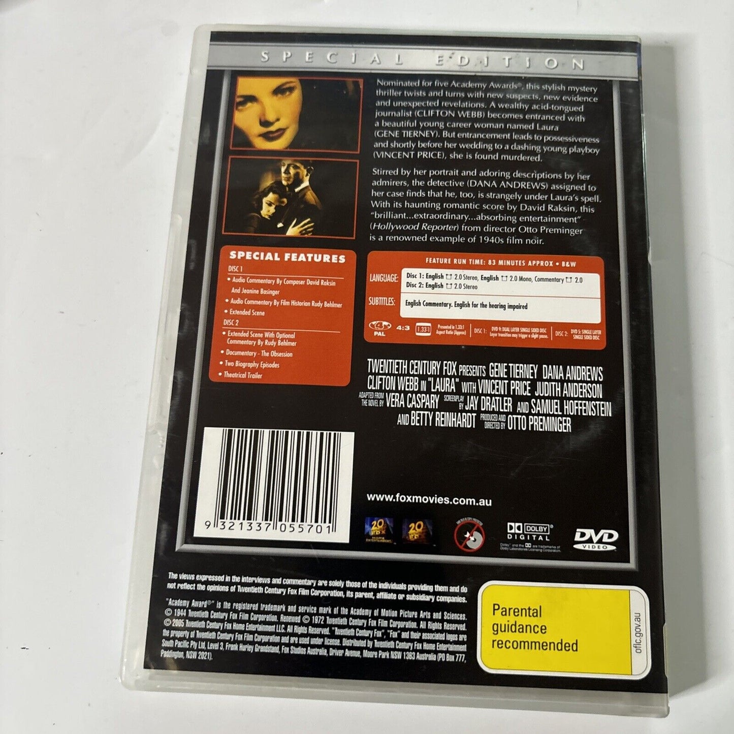 Laura - Special Edition (DVD, 1944, 2-Disc) Vincent Price, GENE TIERNEY Region 4