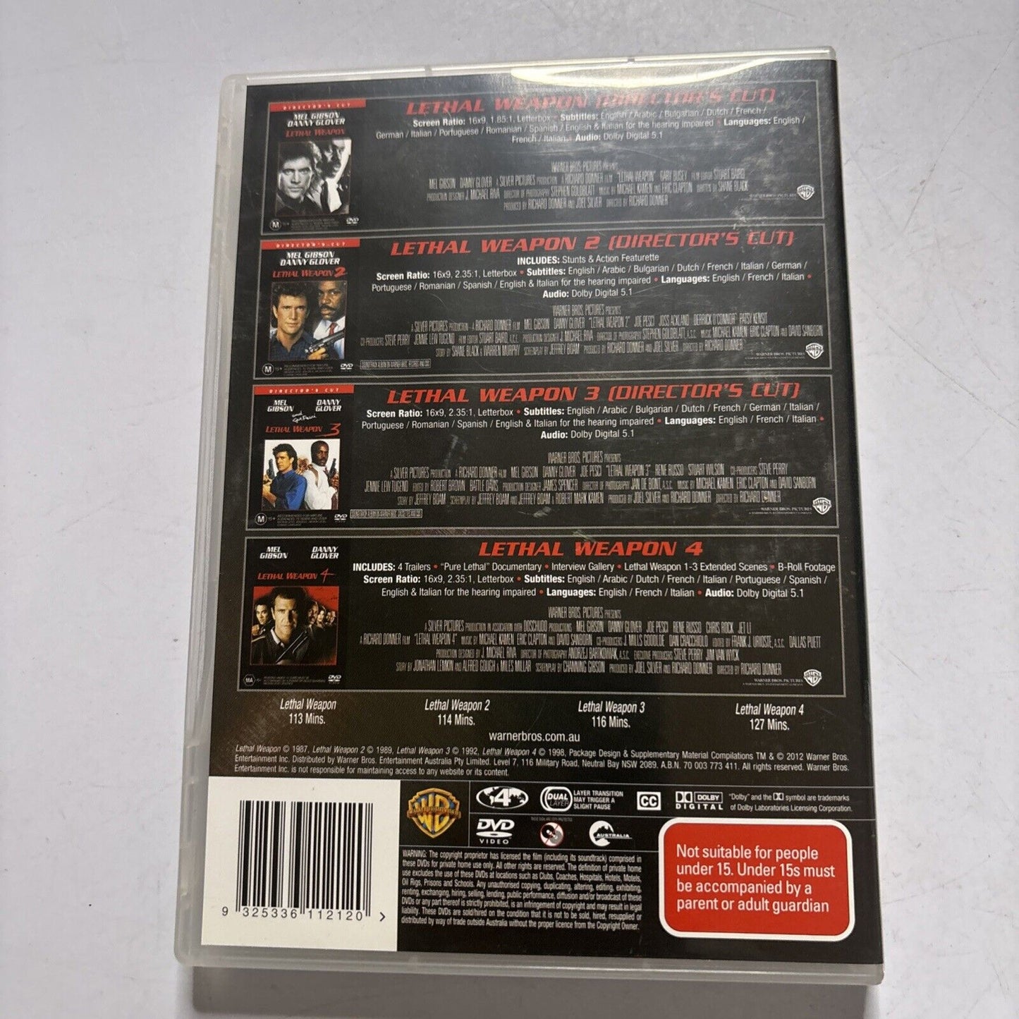 Lethal Weapon Collection: 1,2,3,4 (DVD, 2010, 4-Disc) NEW Mel Gibson Region 4