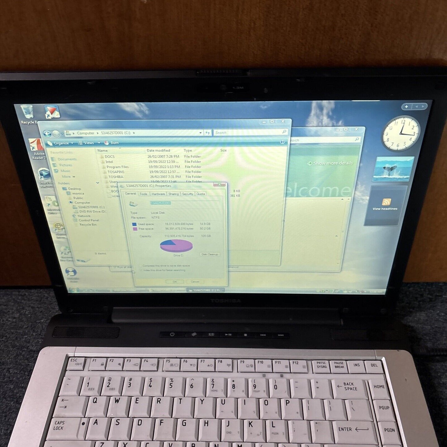 Toshiba Satellite A200 Laptop T2130 1GB RAM 105GB DVD *Requires New Battery*