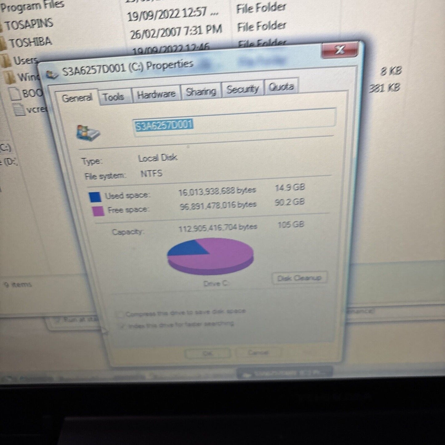 Toshiba Satellite A200 Laptop T2130 1GB RAM 105GB DVD *Requires New Battery*