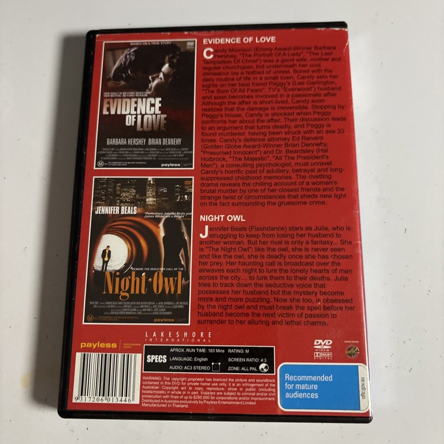 Evidence Of Love / Night Owl (DVD, 1990) Jennifer Beal All Regions