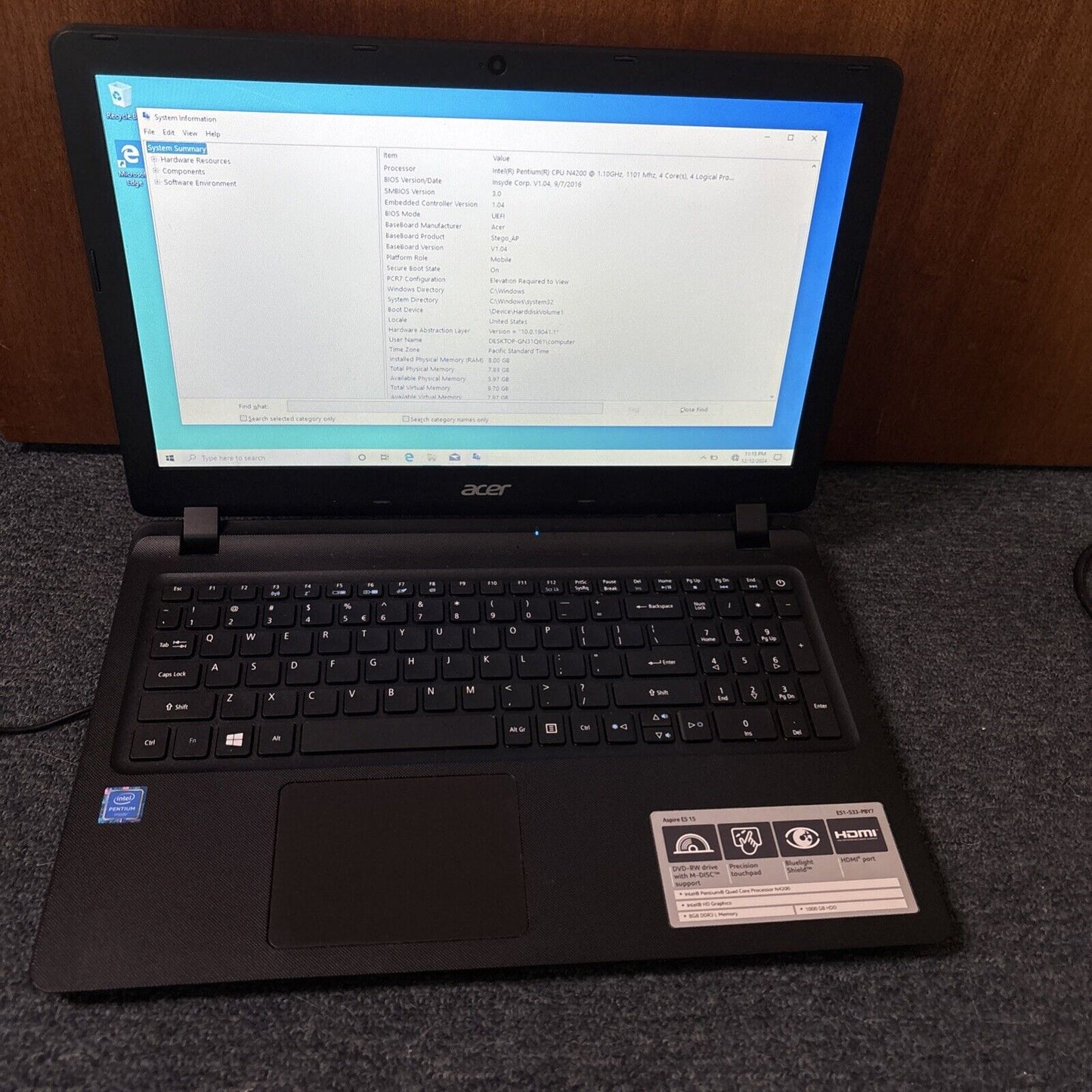 Acer Aspire ES15 Intel N4200 1TB HDD *Flat Battery - Requires New Battery*