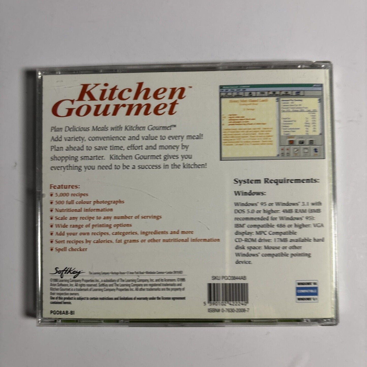 SoftKey Kitchen Gourmet For Windows 3.1 95 PC CDROM 5,000 Recipes