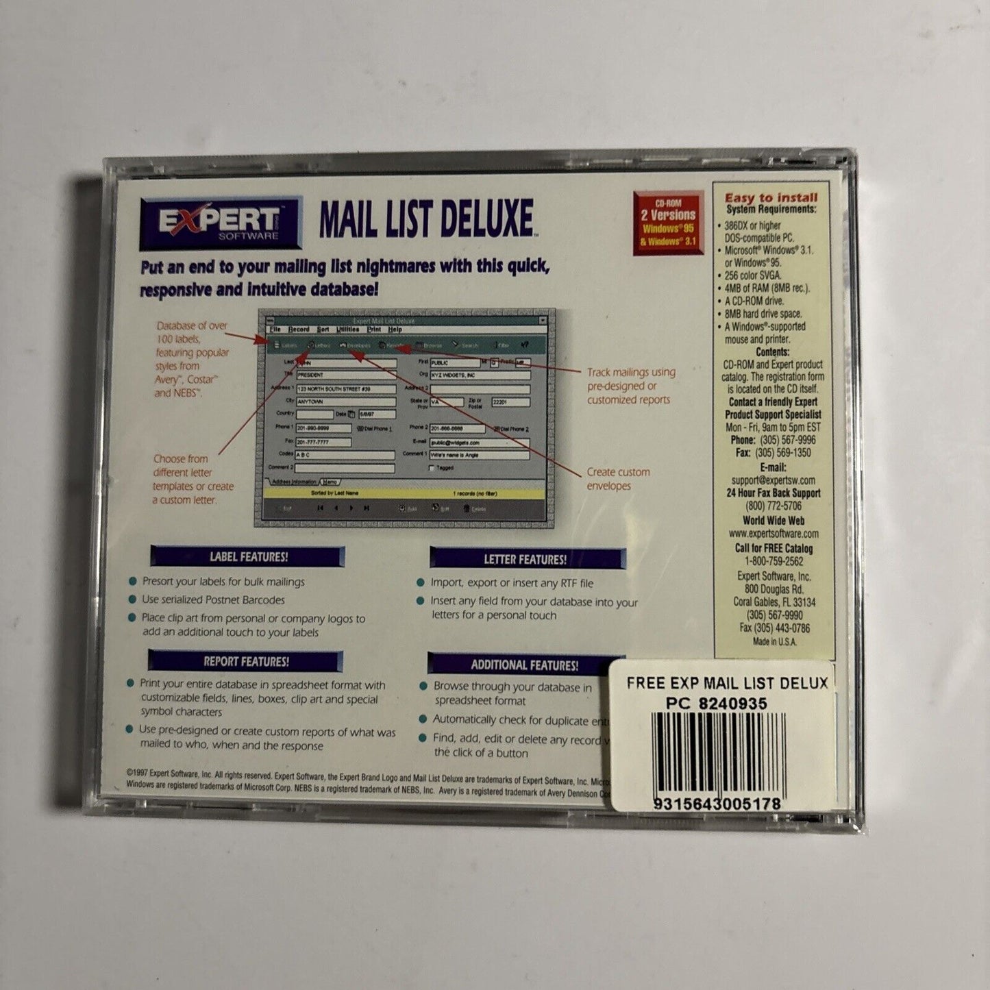 Expert Software: Mail List Deluxe PC CDROM Windows 9.5 3.1 *NEW*