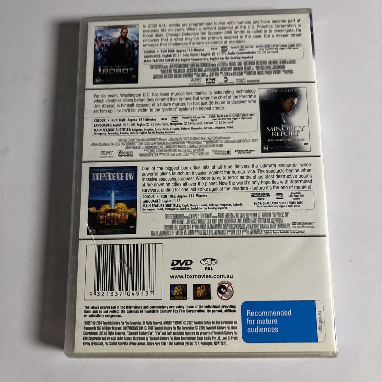 I Robot / Independence Day / Minority Report DVD Tom Cruise Region 4