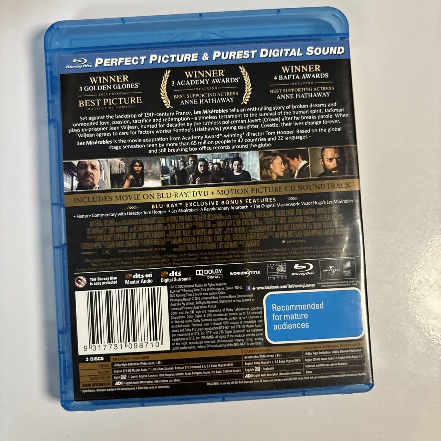 Les Miserables (Blu-ray + DVD, 2012) Russell Crowe, Anne Hathaway Region B