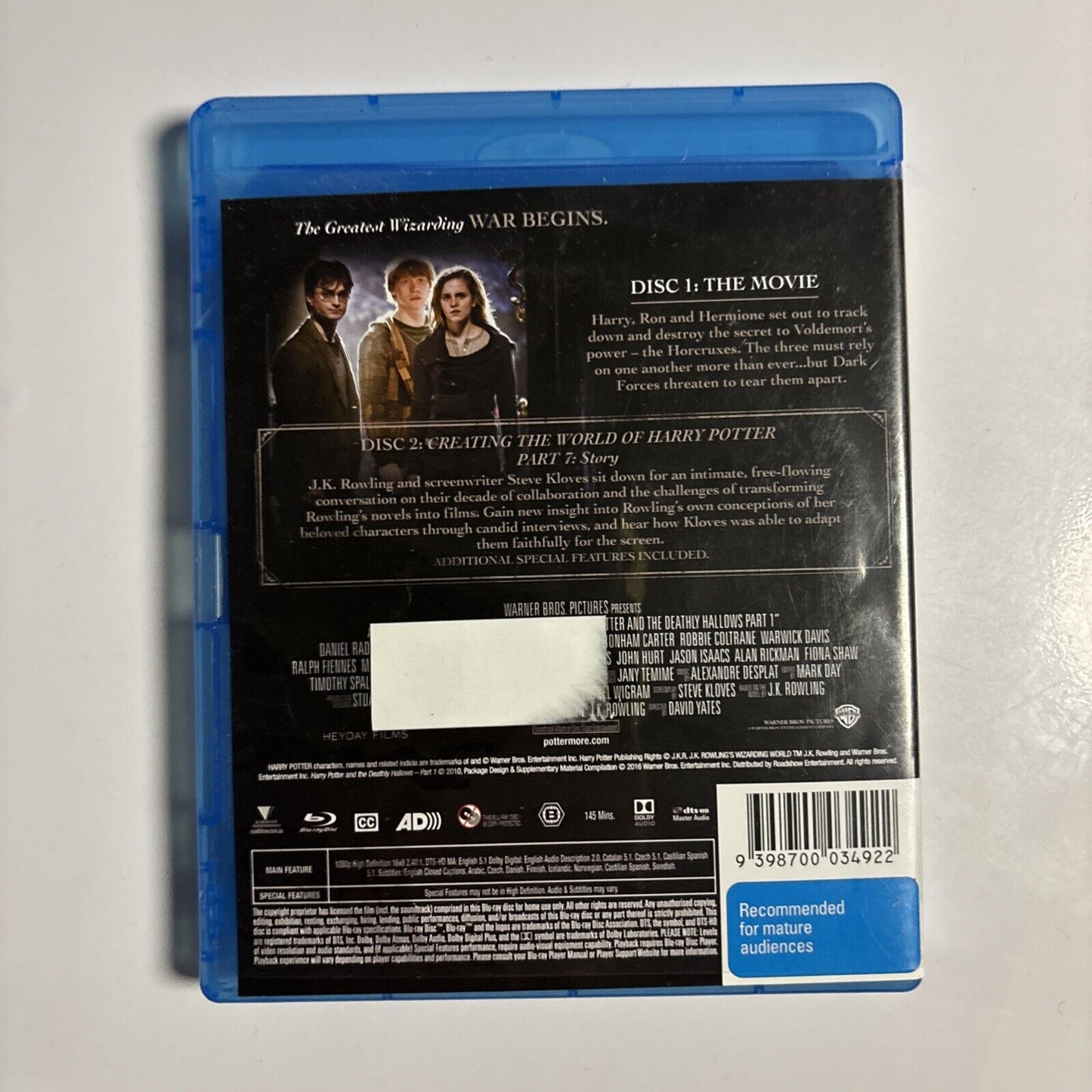 Harry Potter & the Deathly Hallows : Part 1 (Bluray, 2-Disc) Region B Ex-Rental