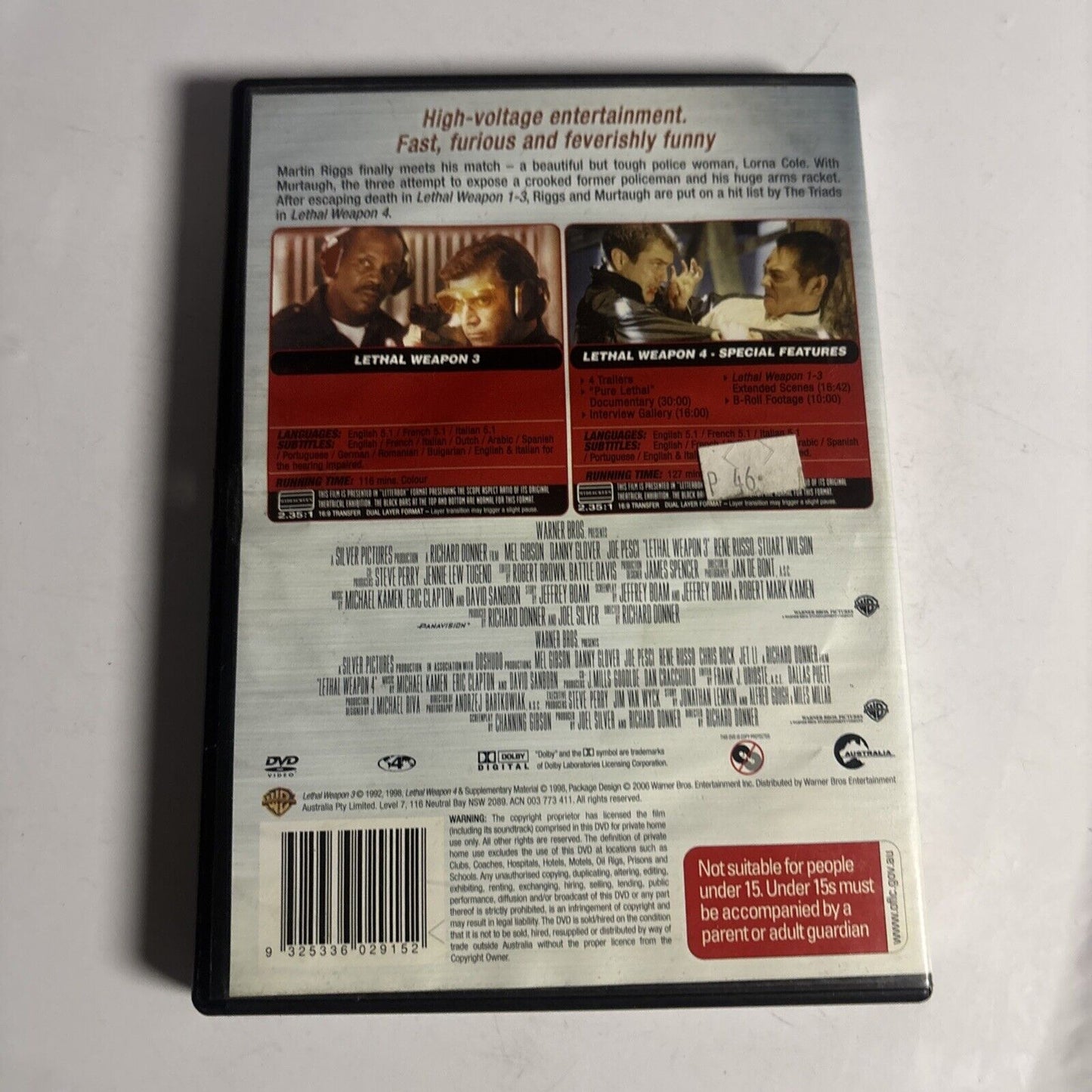 Lethal Weapon 3 & 4 (DVD, 1992, 2-Disc) Mel Gibson, Danny Glover Region 4