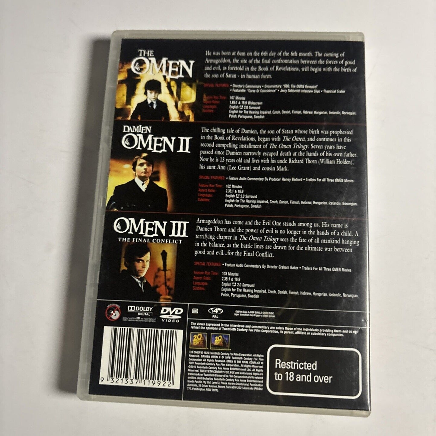 The Omen Trilogy 1,2,3 (DVD, 1981, 3-Disc) Region 4