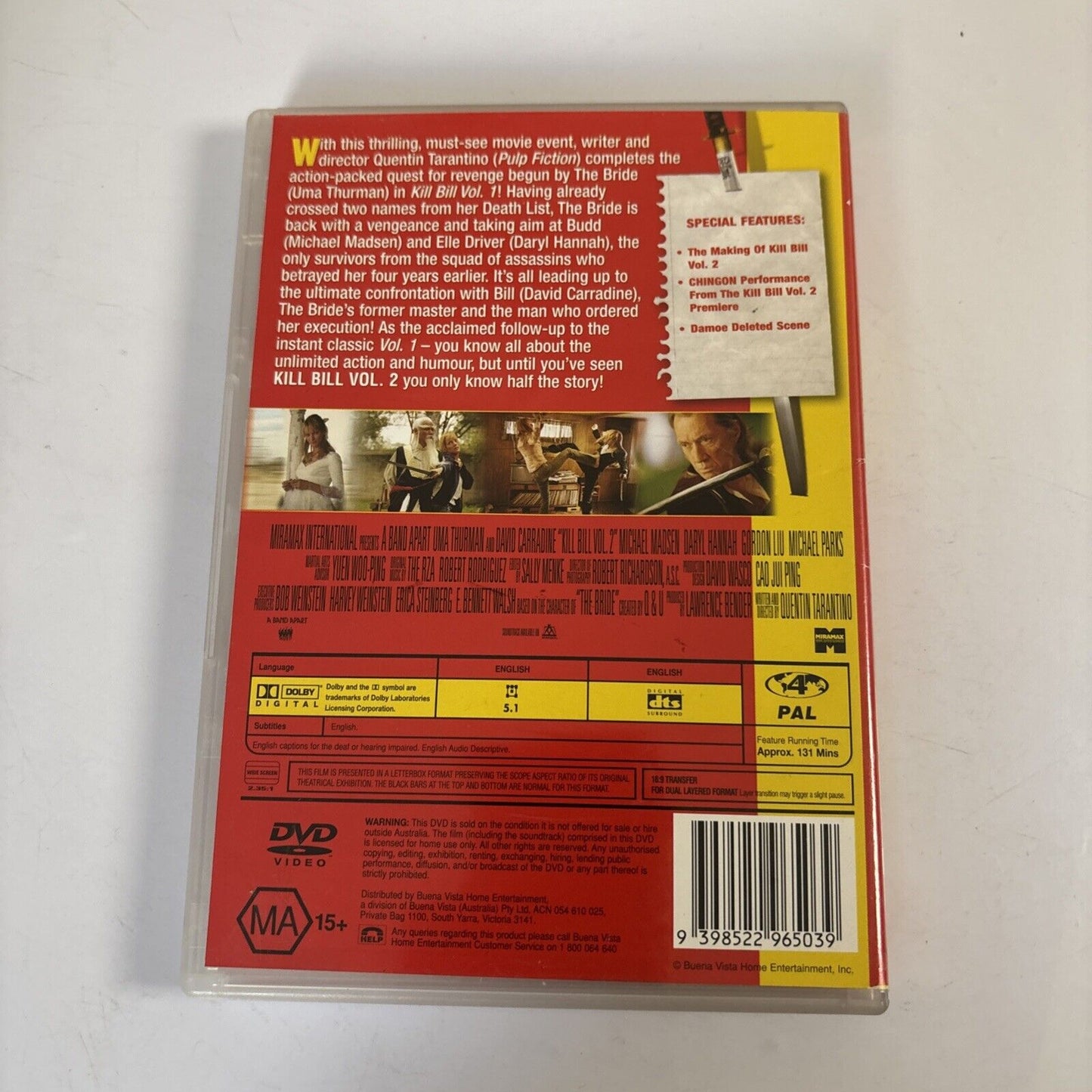 Kill Bill : Volume 2 (DVD, 2004) Uma Thurman, Quentin Tarantino Region 4