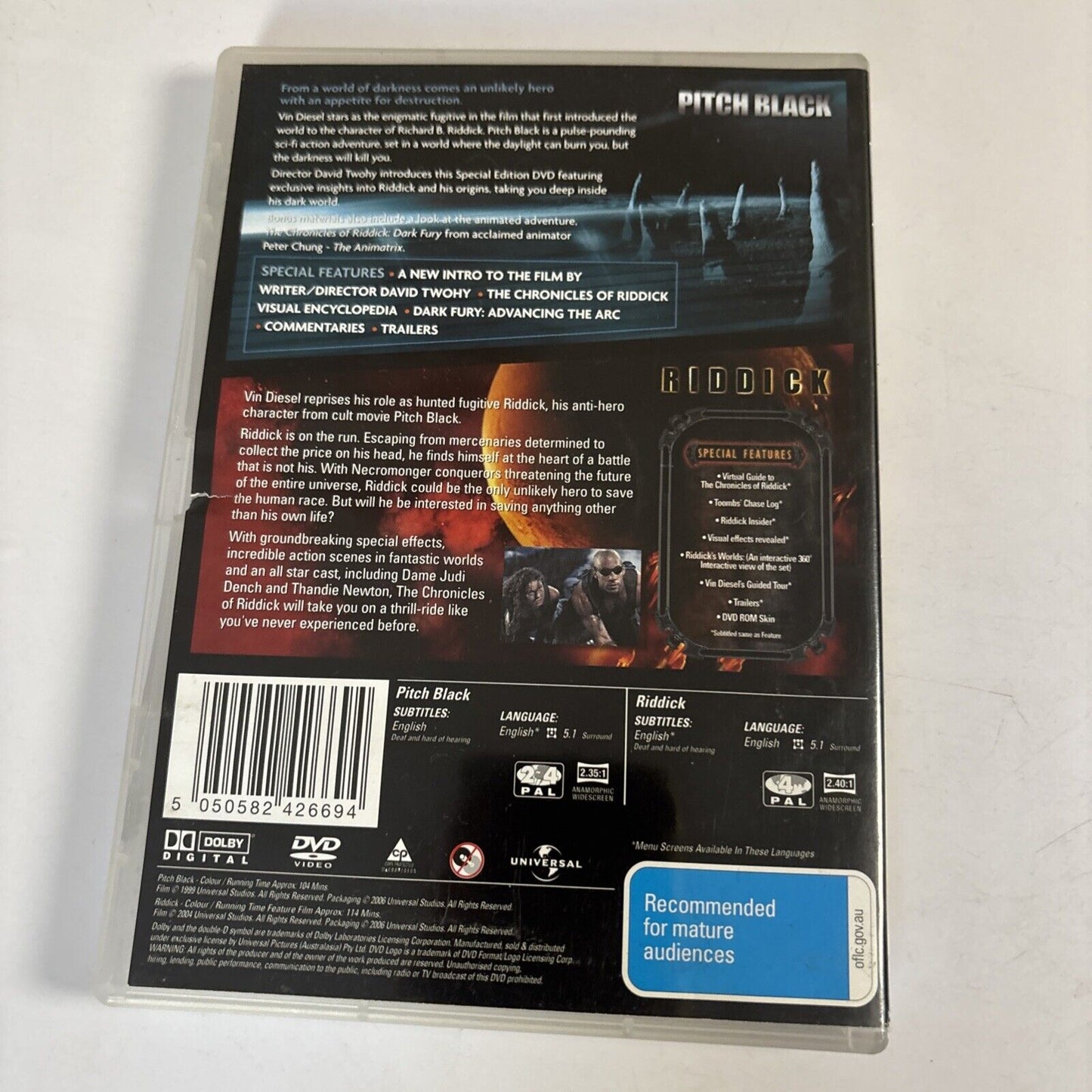 Pitch Black / The Chronicles of Riddick (DVD, 2-Disc) Vin Diesel Region 4