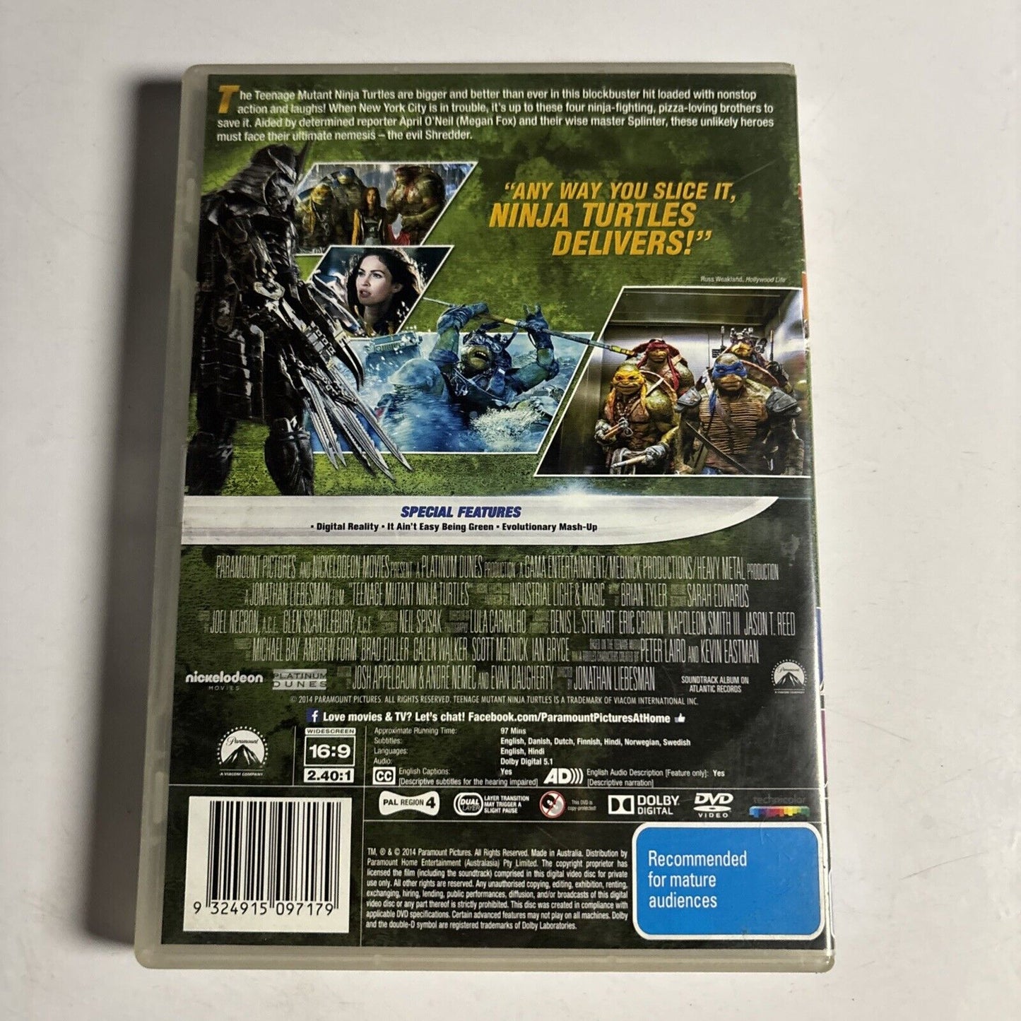 Teenage Mutant Ninja Turtles (DVD, 2014) Johnny Knoxville, Megan Fox Region 4