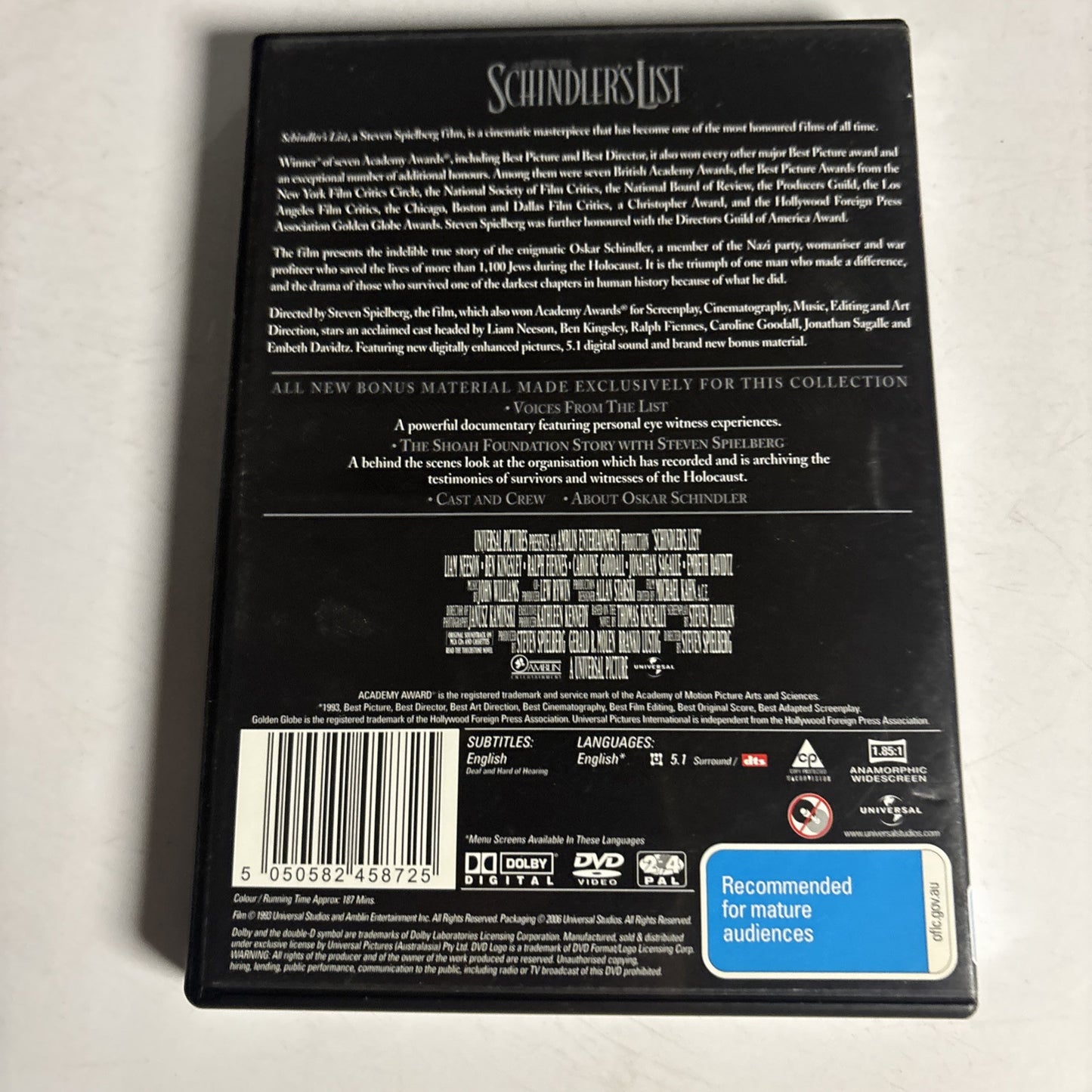 Schindler's List - Special Edition (DVD, 1993, 2-Disc) Liam Neeson Region 4 &2