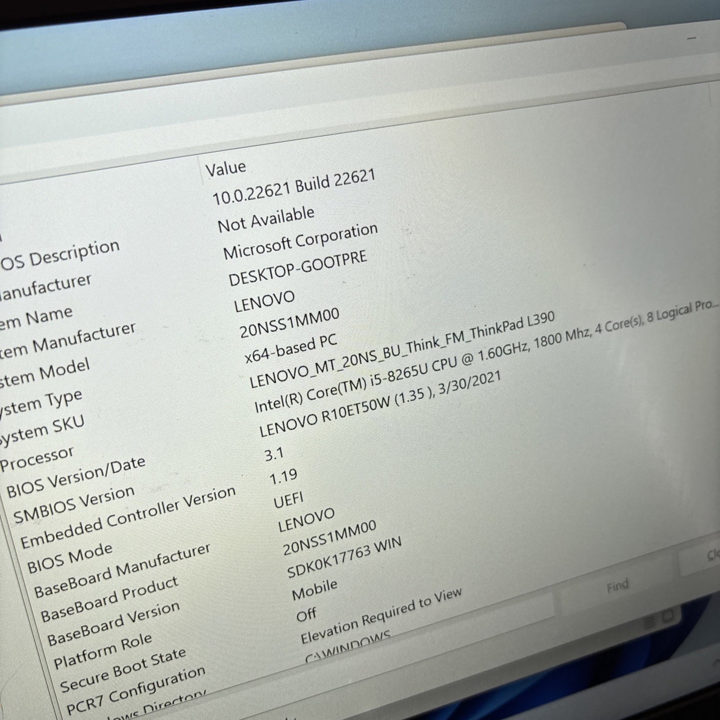 Lenovo ThinkPad L390 i5-8265U 8gb RAM 250gb SDD 13.3" Windows 11