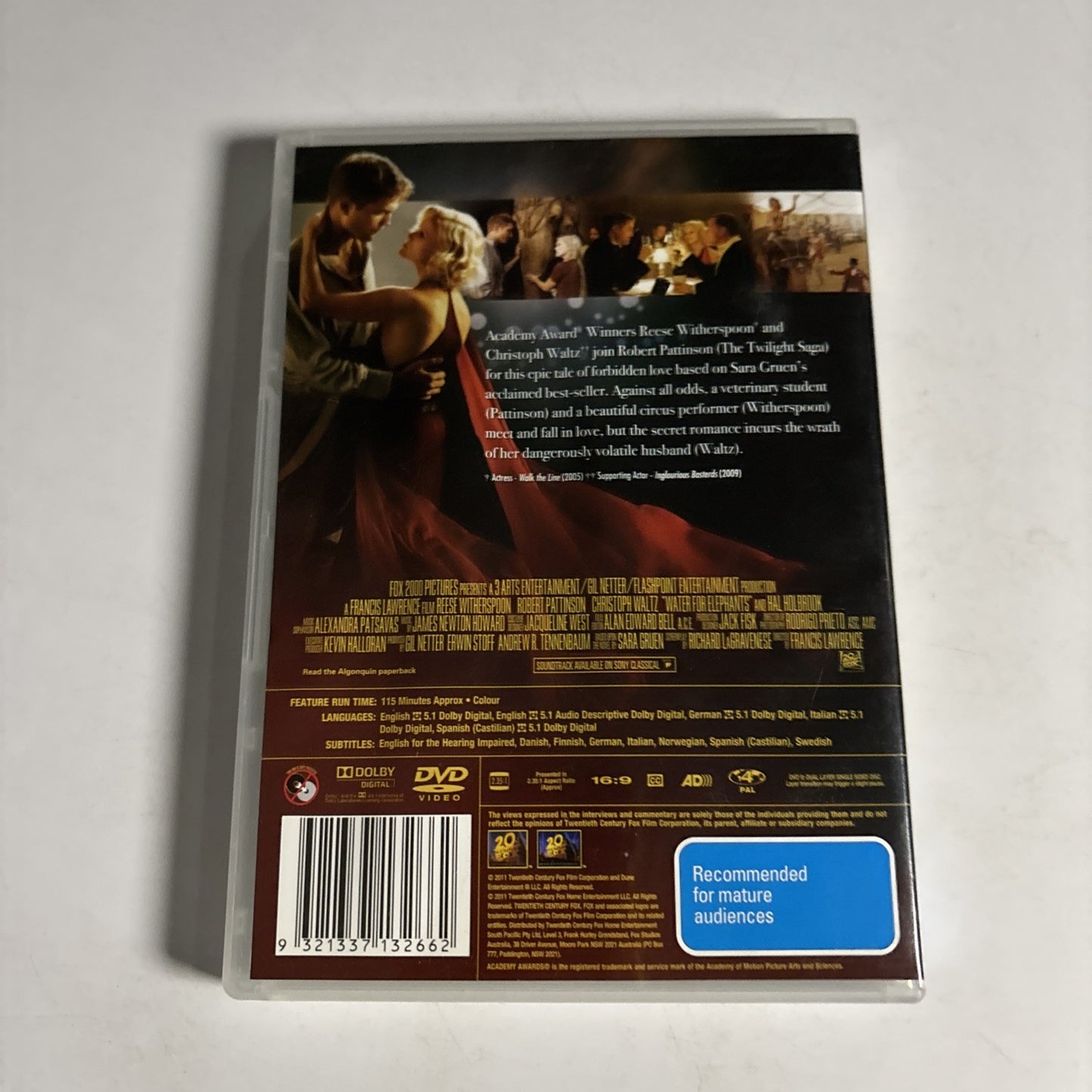 Water For Elephants (DVD, 2011) Reese Weatherspoon, Robert Pattinson Region4 NEW