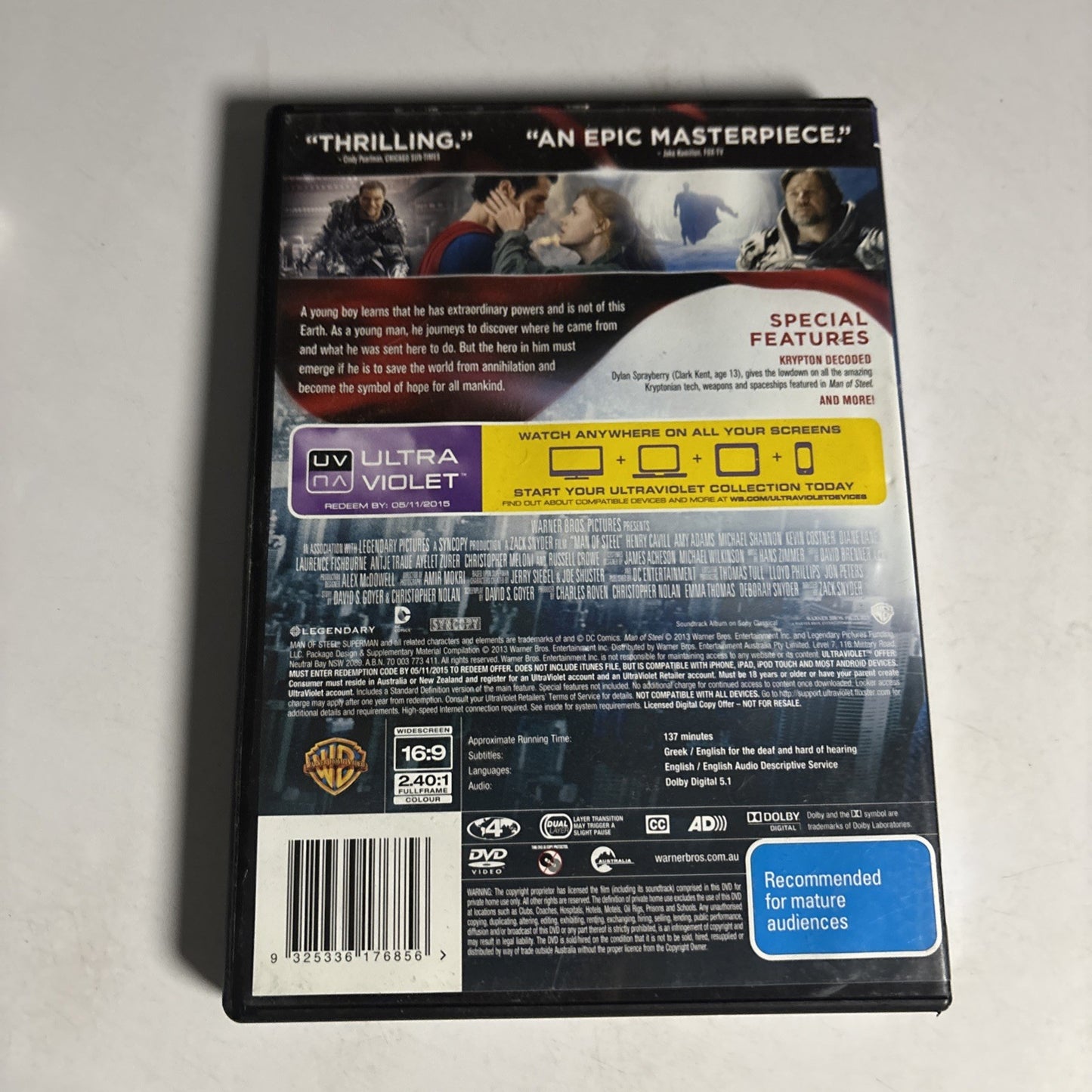 Man Of Steel (DVD, 2013) Henry Cavill, Amy Adams Region 4