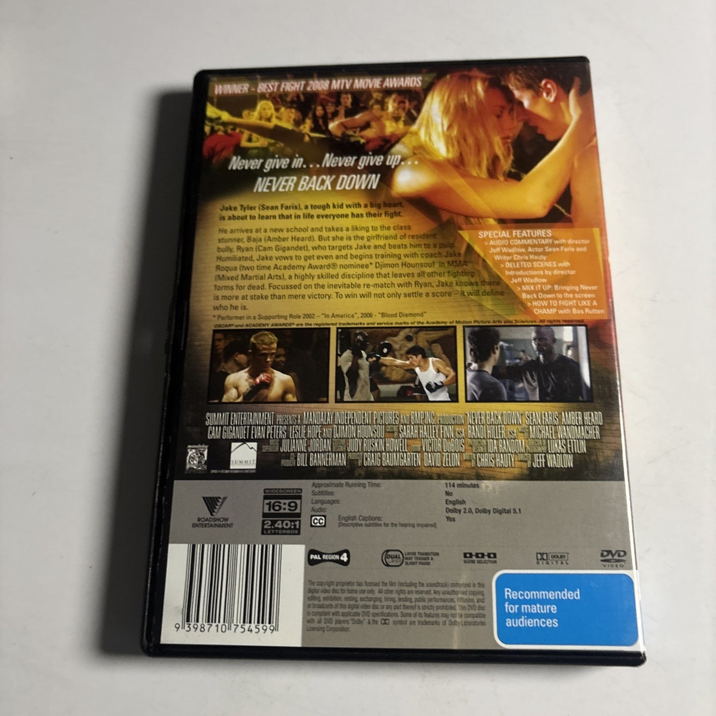 Never Back Down (DVD, 2008) Sean Faris, Amber Heard Region 4