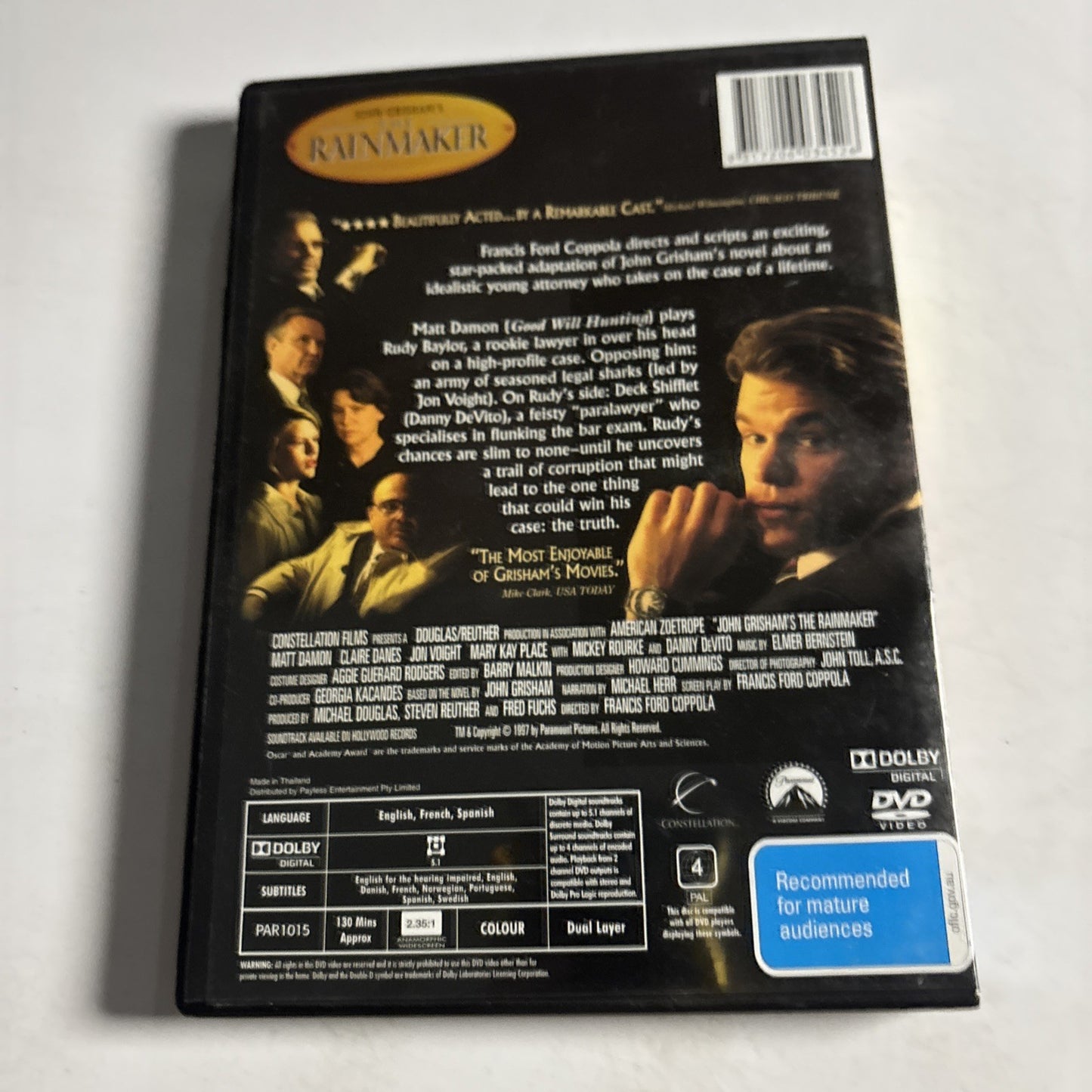 The Rainmaker (DVD, 1997) Matt Damon, Danny DeVito Region 4