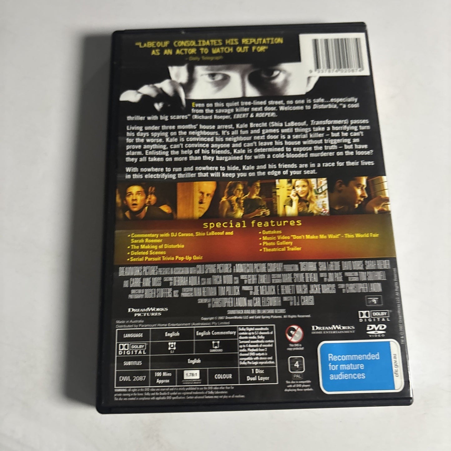 Disturbia (DVD, 2007) Shia LaBeouf, Sarah Roemer Region 4