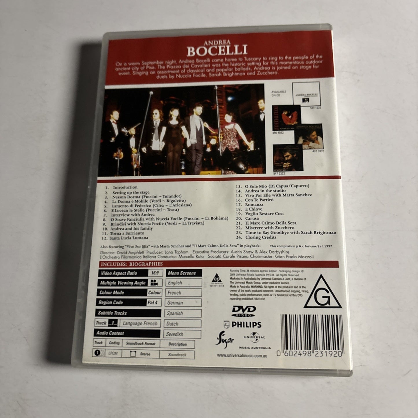 Andrea Bocelli A Night in Tuscany (DVD, 2004) Region 4