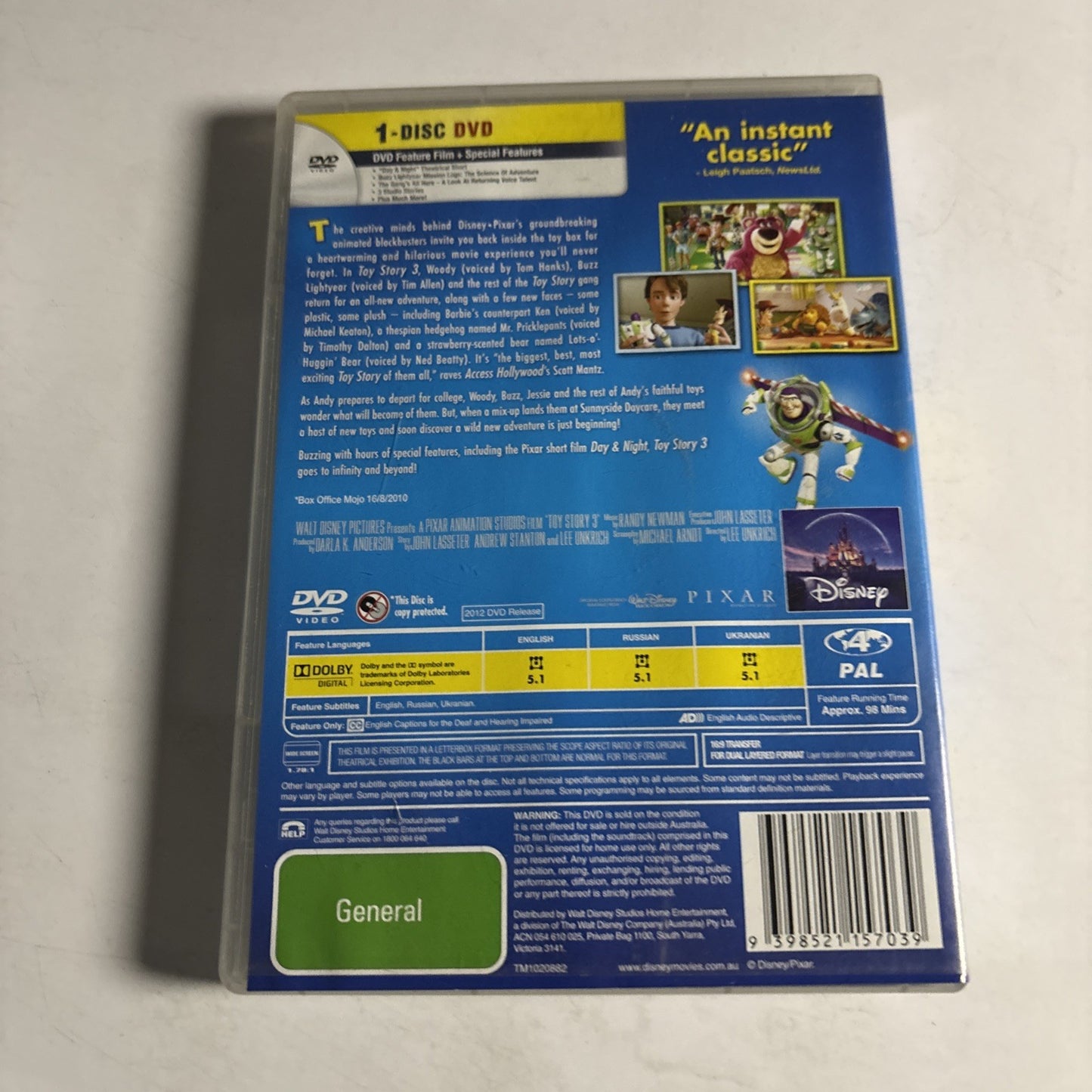 Toy Story 3 (DVD, 2010) Disney Region 4