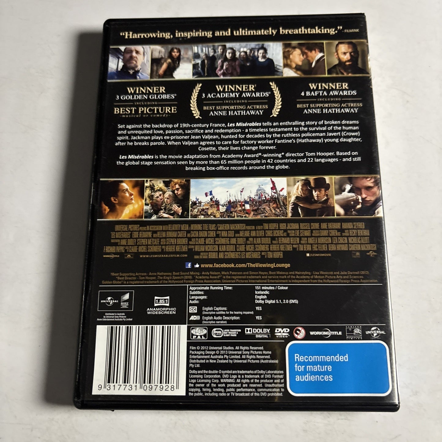 Les Miserables (DVD, 2012) Hugh Jackman, Russell Crowe Region 4 &2 NEW