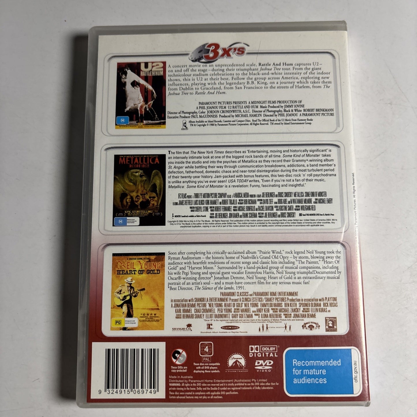 Neil Young Heart Of Gold / Metallica Some Kind Of Monster / U2 - Rattle Hum DVD