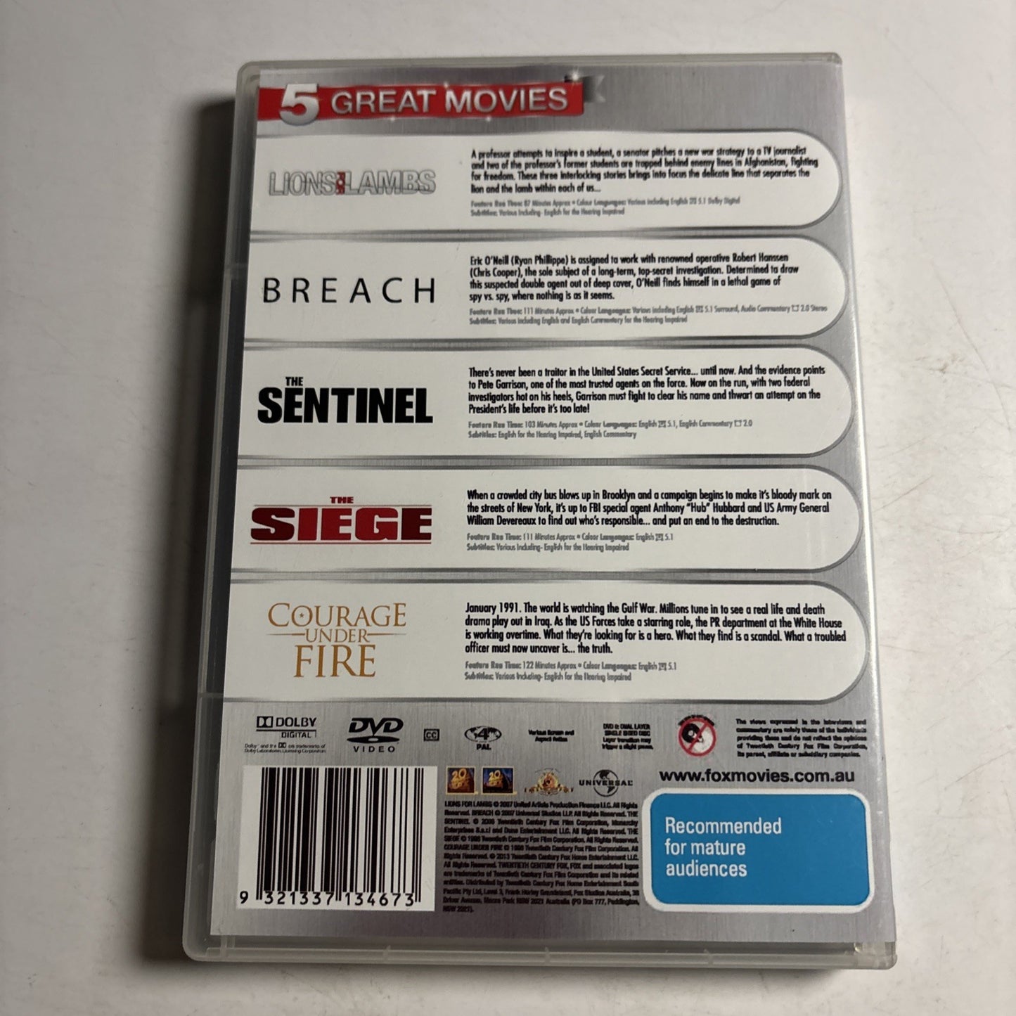 Lions For Lambs, Breach, The Sentinel, The Siege, Courage Under Fire DVD Region4