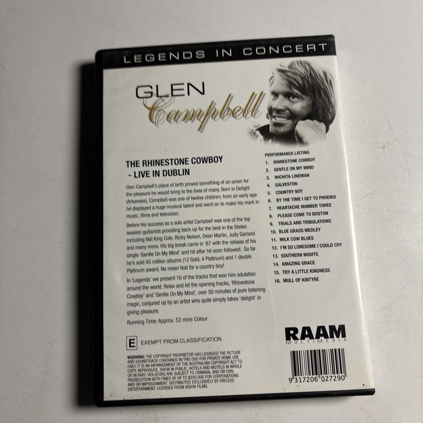 Glen Campbell - The Rhinestone Cowboy Live In Dublin Legends In Concert DVD NEW