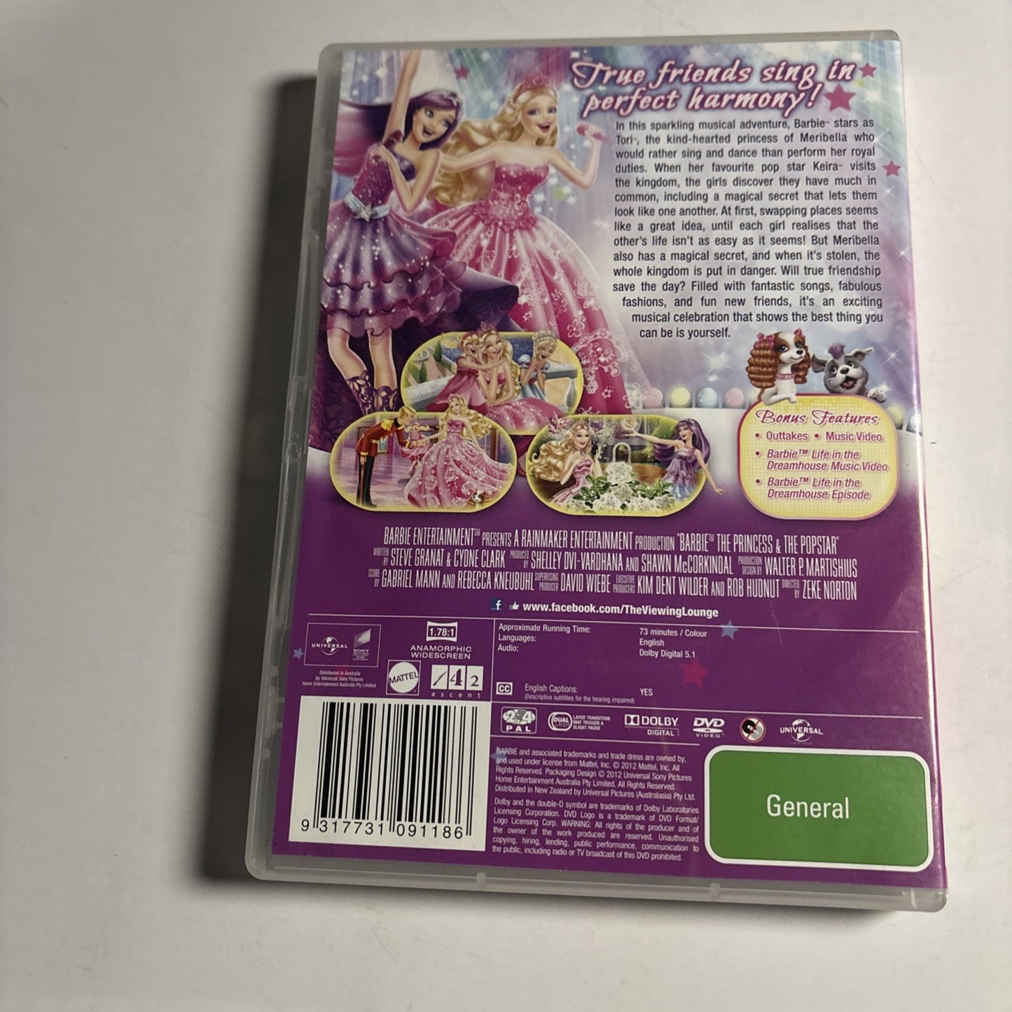 Barbie - The Princess & The Popstar (DVD, 2012) Region 4 &2
