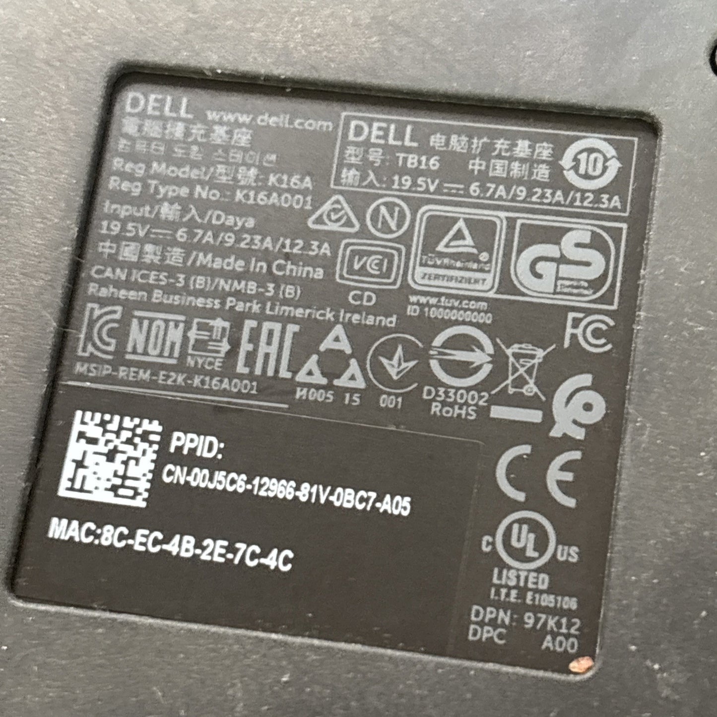 Dell K16A Laptop Thunderbolt USB-C Dock & HA250PM190 AC Adapter