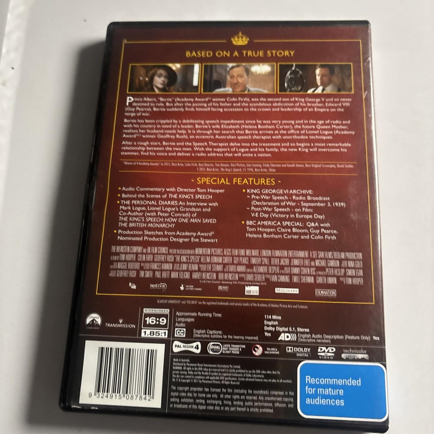 The King's Speech (DVD, 2010) Geoffrey Rush, Colin Firth Region 4