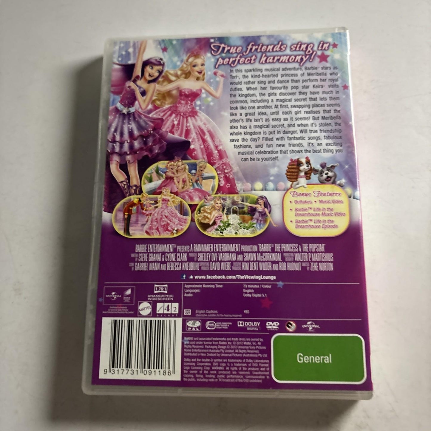 Barbie The Princess & The Popstar (DVD, 2012) Region 4 &2