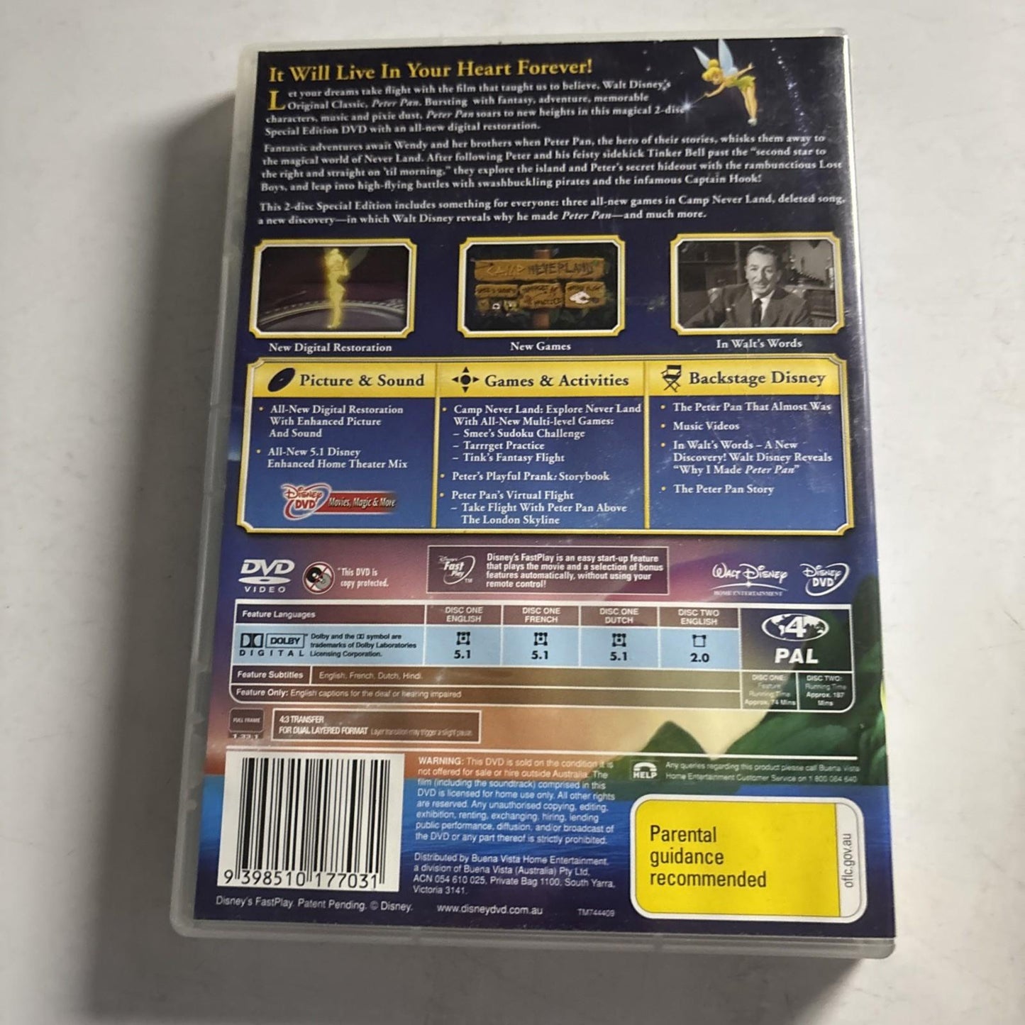 Peter Pan (Special Edition, DVD, 1953) Disney Animated Film Region 4 NEW